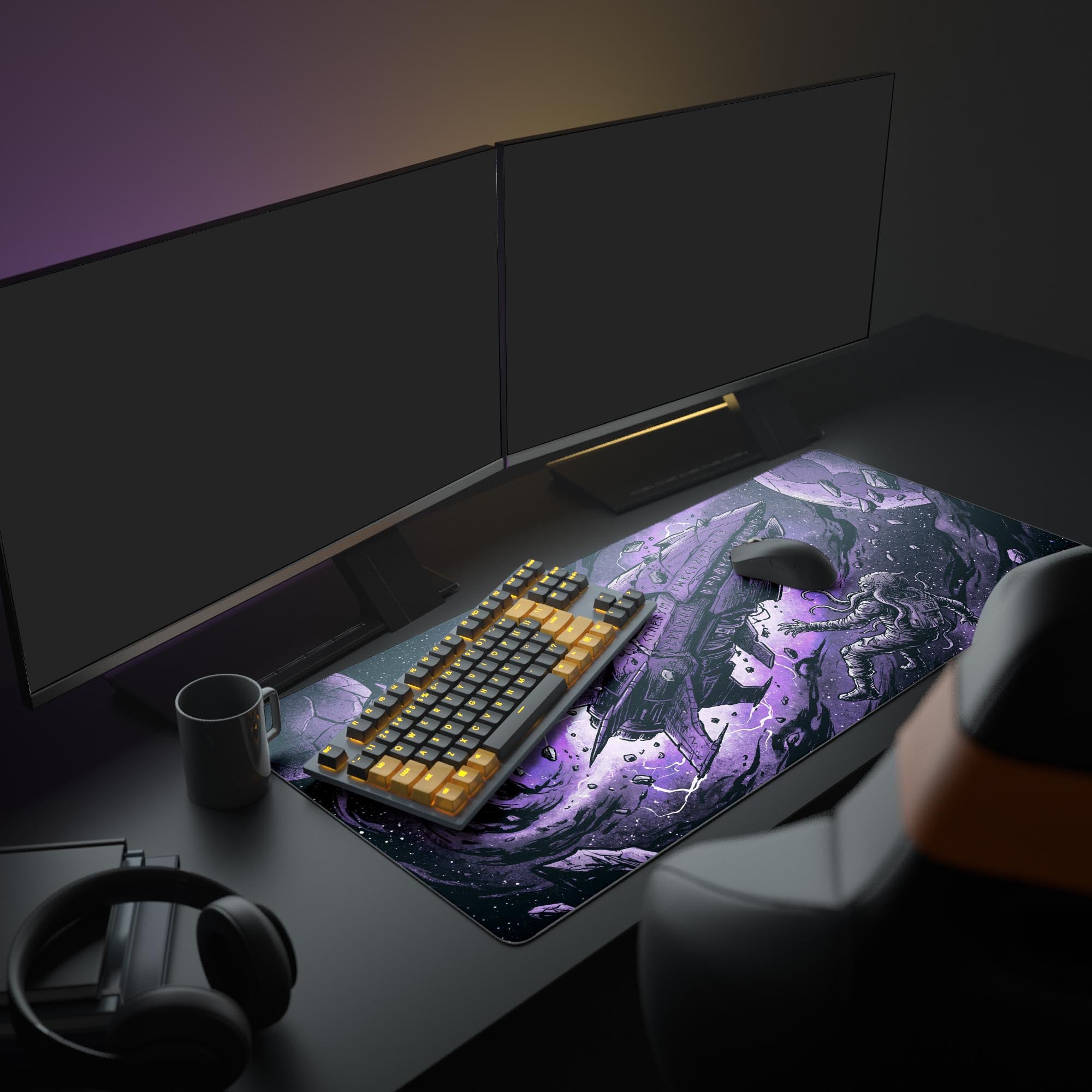 A full gaming setup featuring the purple Eldritch Orbit gaming desk mat, with a lit keyboard, glowing mouse, and a large monitor displaying a dark screen. - Epic Design Pads & Mousepads