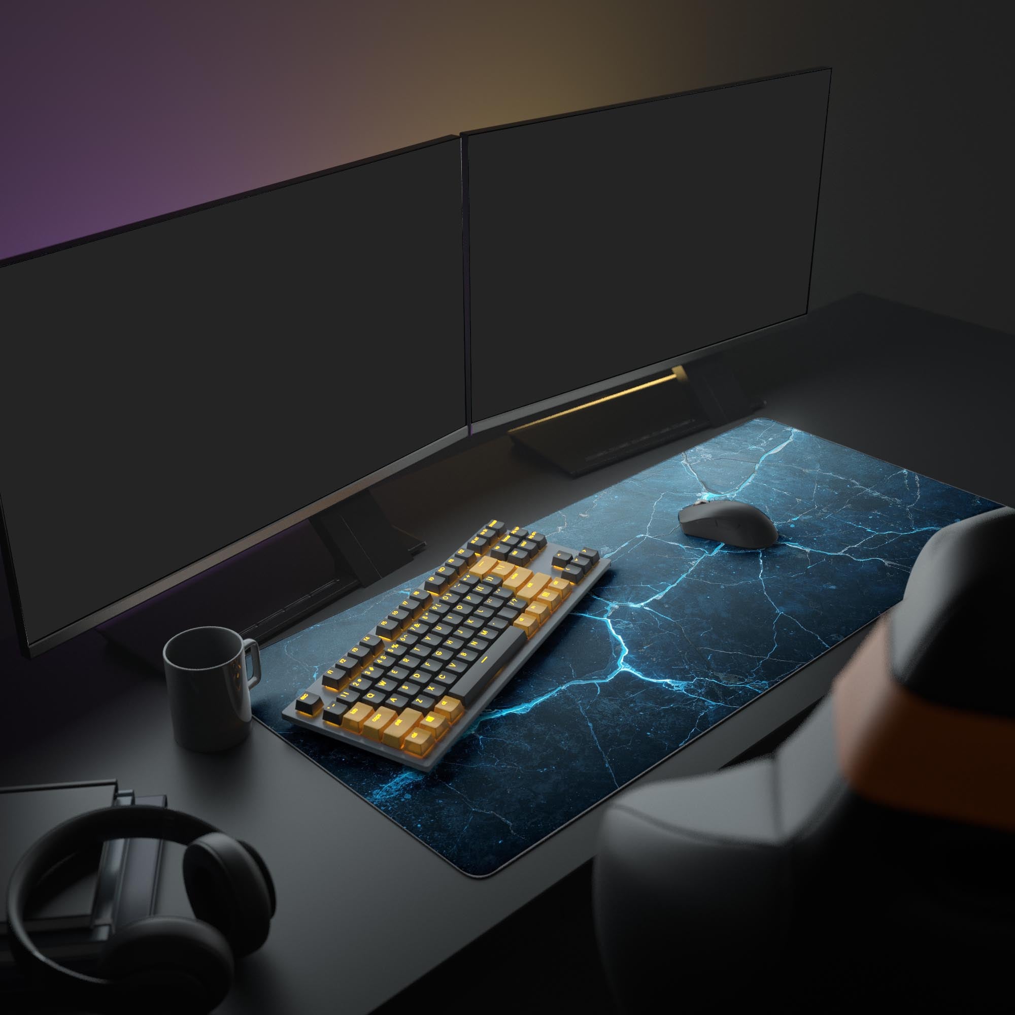 Large Electric Veins gaming desk mat in a modern setup with dual monitors and RGB lighting, highlighting the vibrant blue design as a workspace centerpiece. - Epic Design Pads & Mousepads