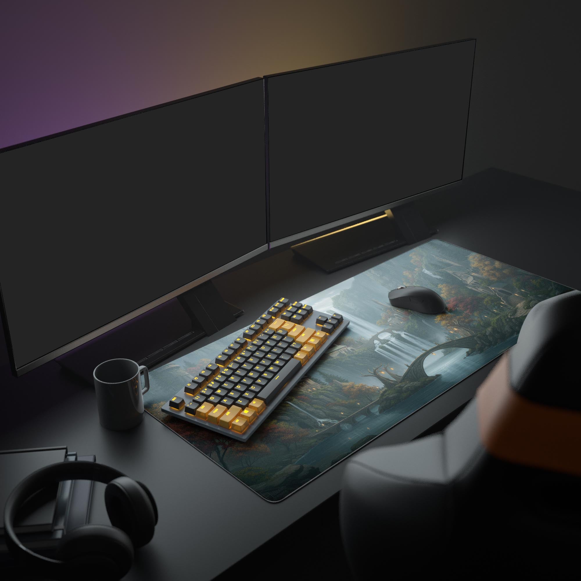 Large Elven Falls fantasy desk mat in a cozy gaming setup with dual monitors, a mechanical keyboard, and headphones. - Epic Design Pads