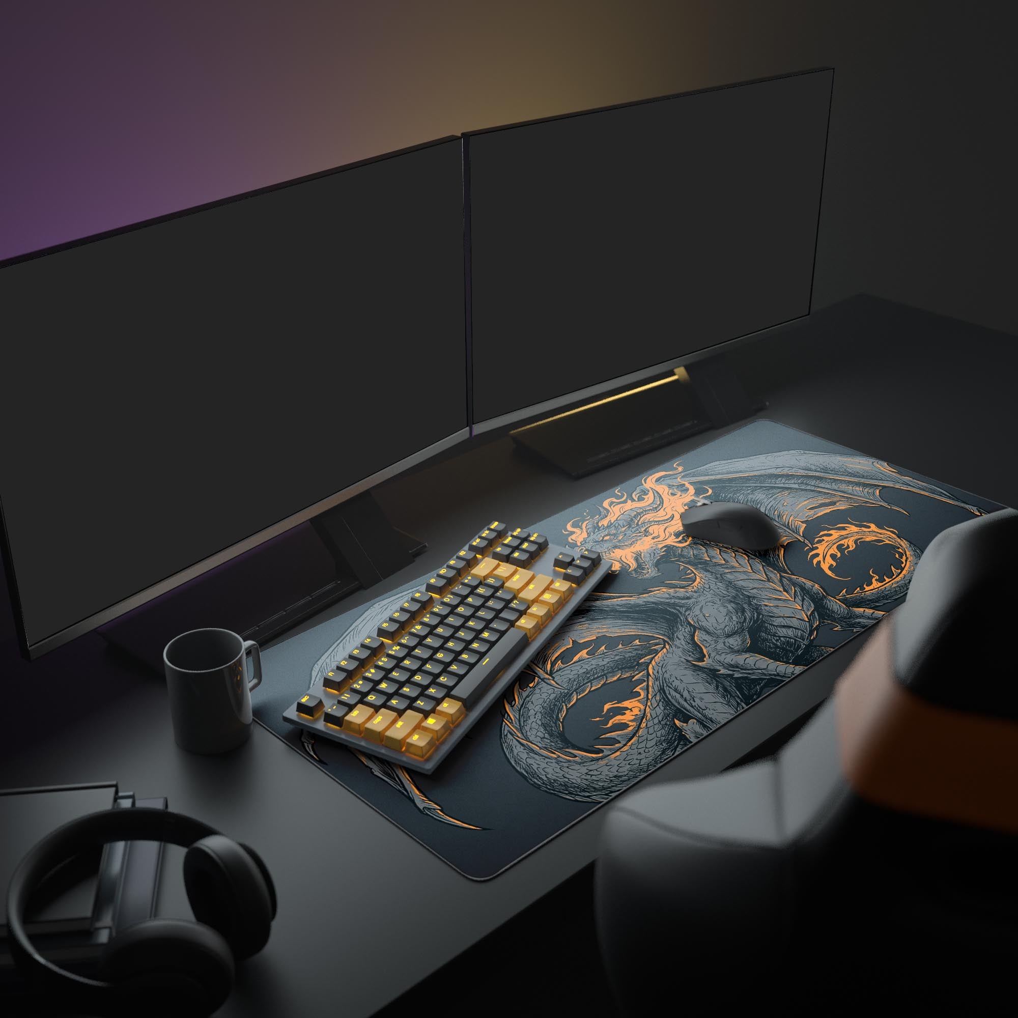 A complete gaming setup featuring the Ember Beast fire dragon mouse pad, with a monitor, keyboard, and mouse enhancing the dark fantasy aesthetic. - Epic Design Pads & Mousepads