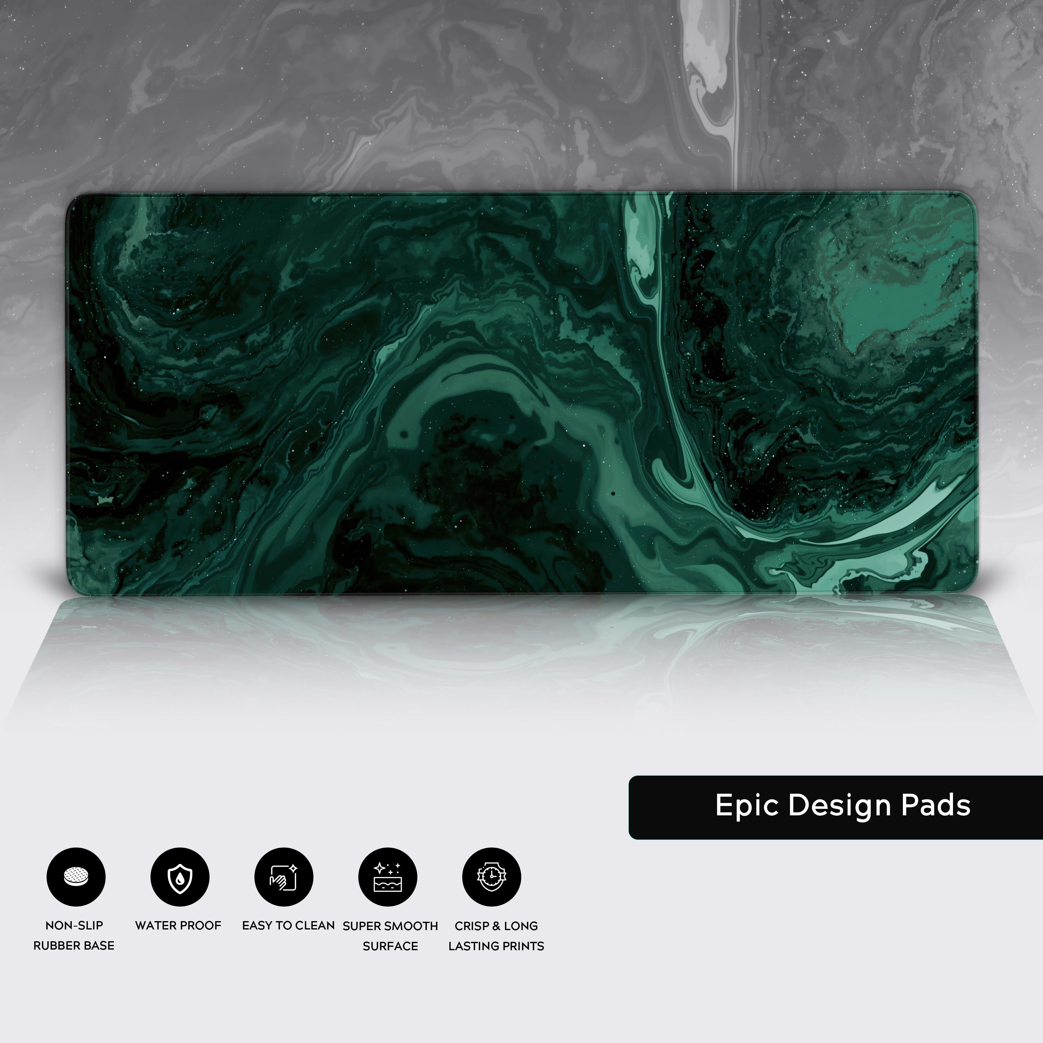 Emerald Abyss desk pad feature icons highlighting non-slip, waterproof, and easy clean properties