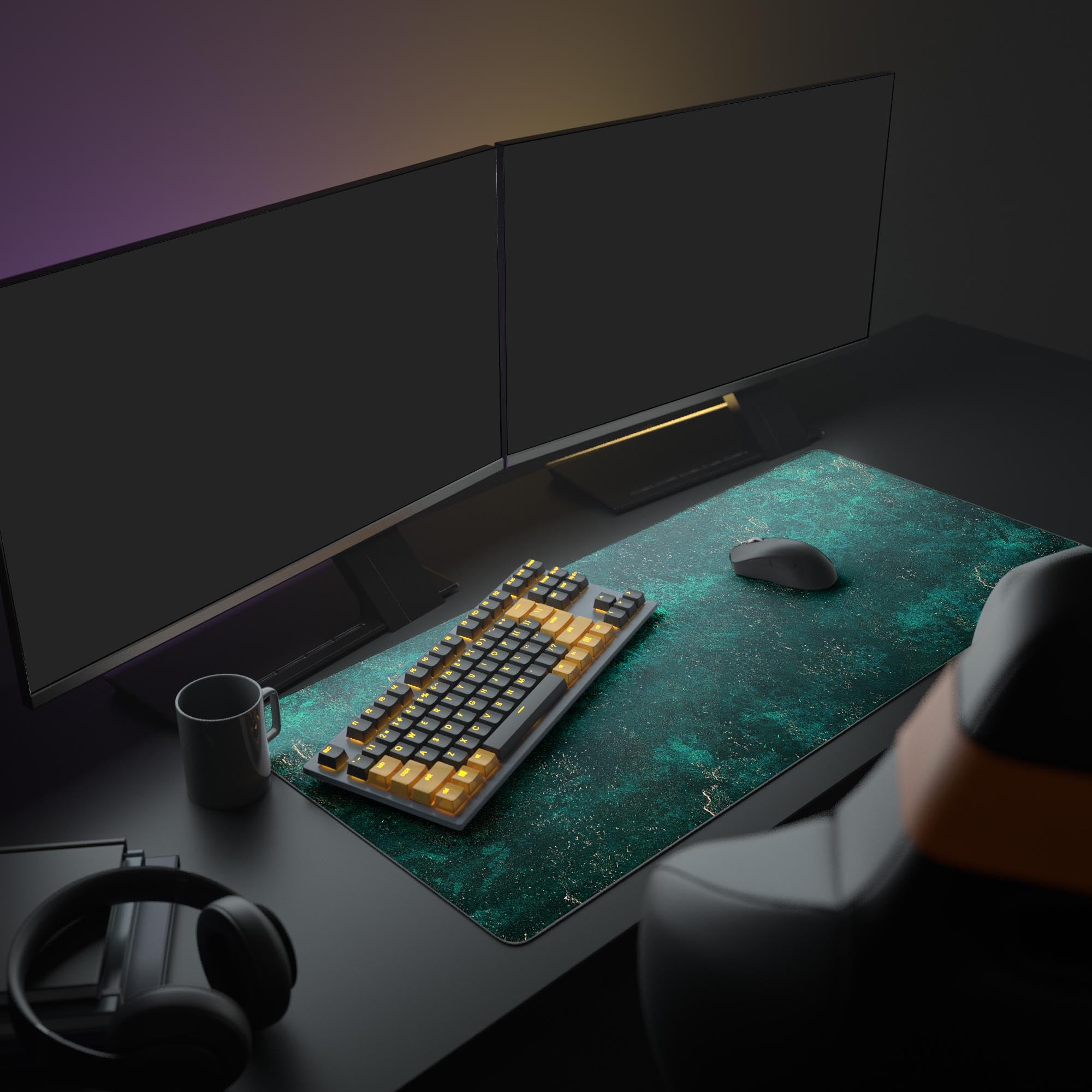 Large Emerald Stone desk mat enhancing a modern office setup, pictured with a laptop, monitor, and headphones. - Epic Design Pads & Mousepads
