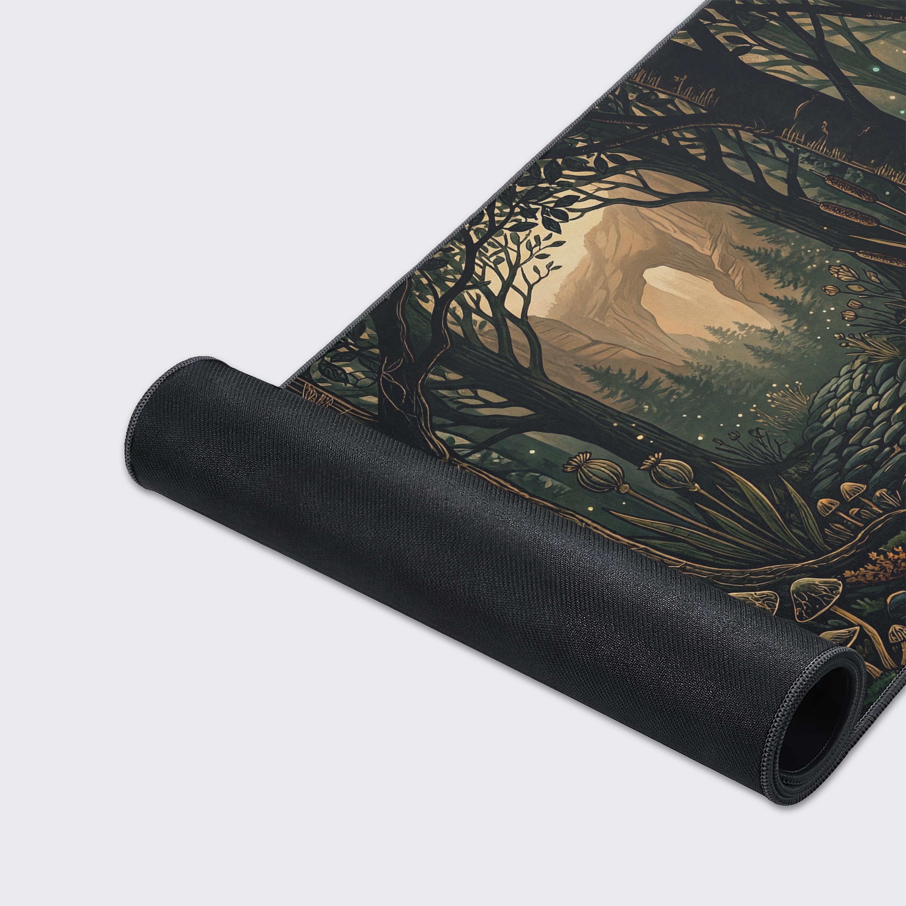 Full view of the dark botanical woodland mouse pad with product features like waterproof and non-slip icons.