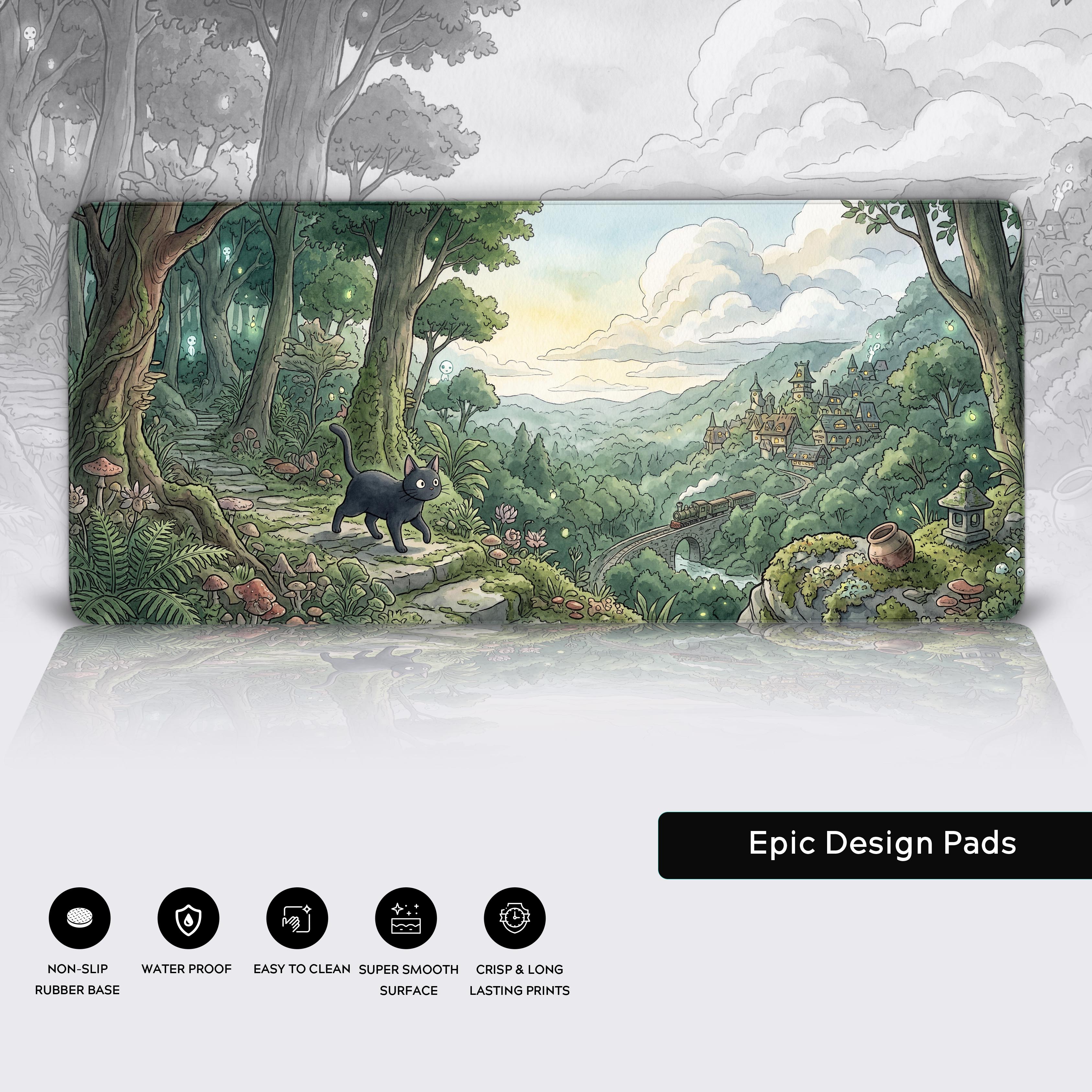 Features of the Enchanted Forest Cat desk pad including non-slip base, waterproof, and smooth surface icons