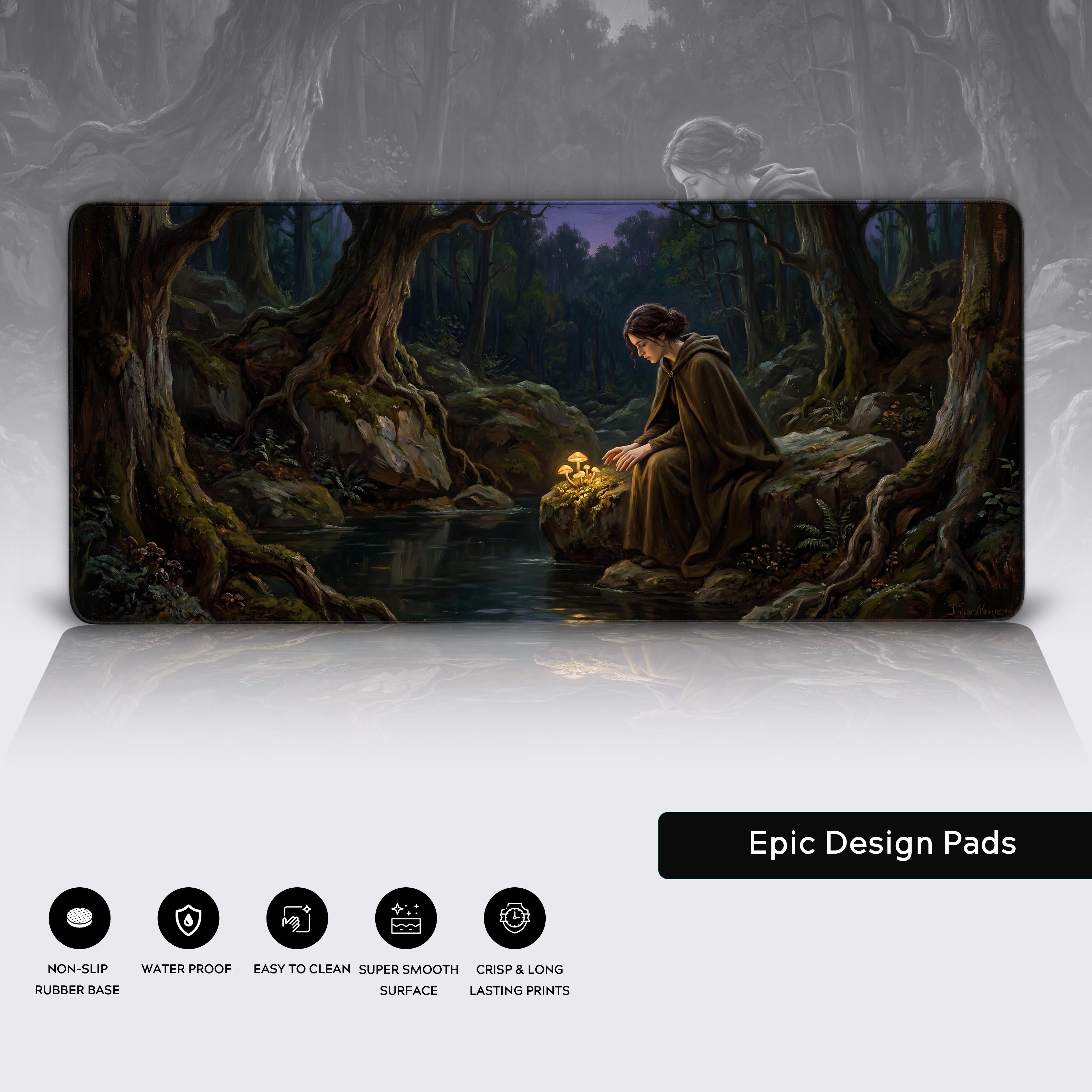 Product feature icons highlighting non-slip base, waterproof surface, and high-quality print.