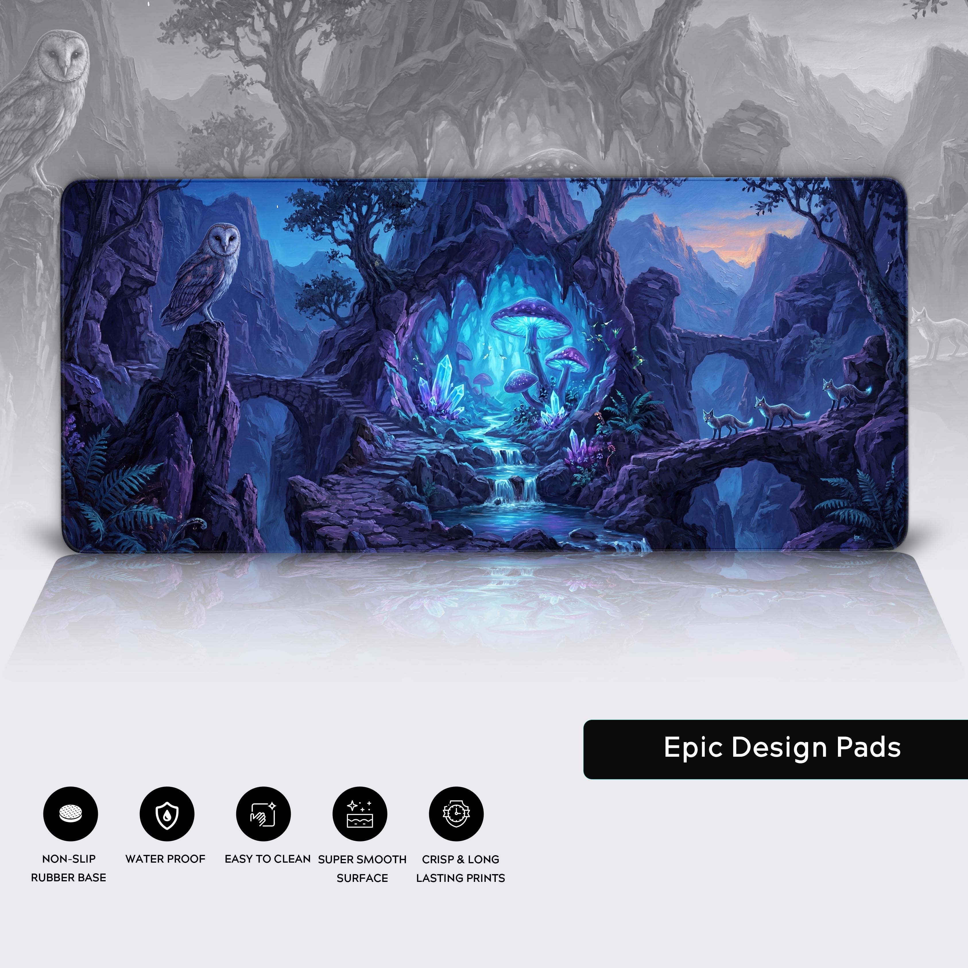 Feature highlights for the enchanted desk mat showing icons for non-slip rubber base, waterproof, easy to clean, super smooth surface, and crisp long-lasting prints.