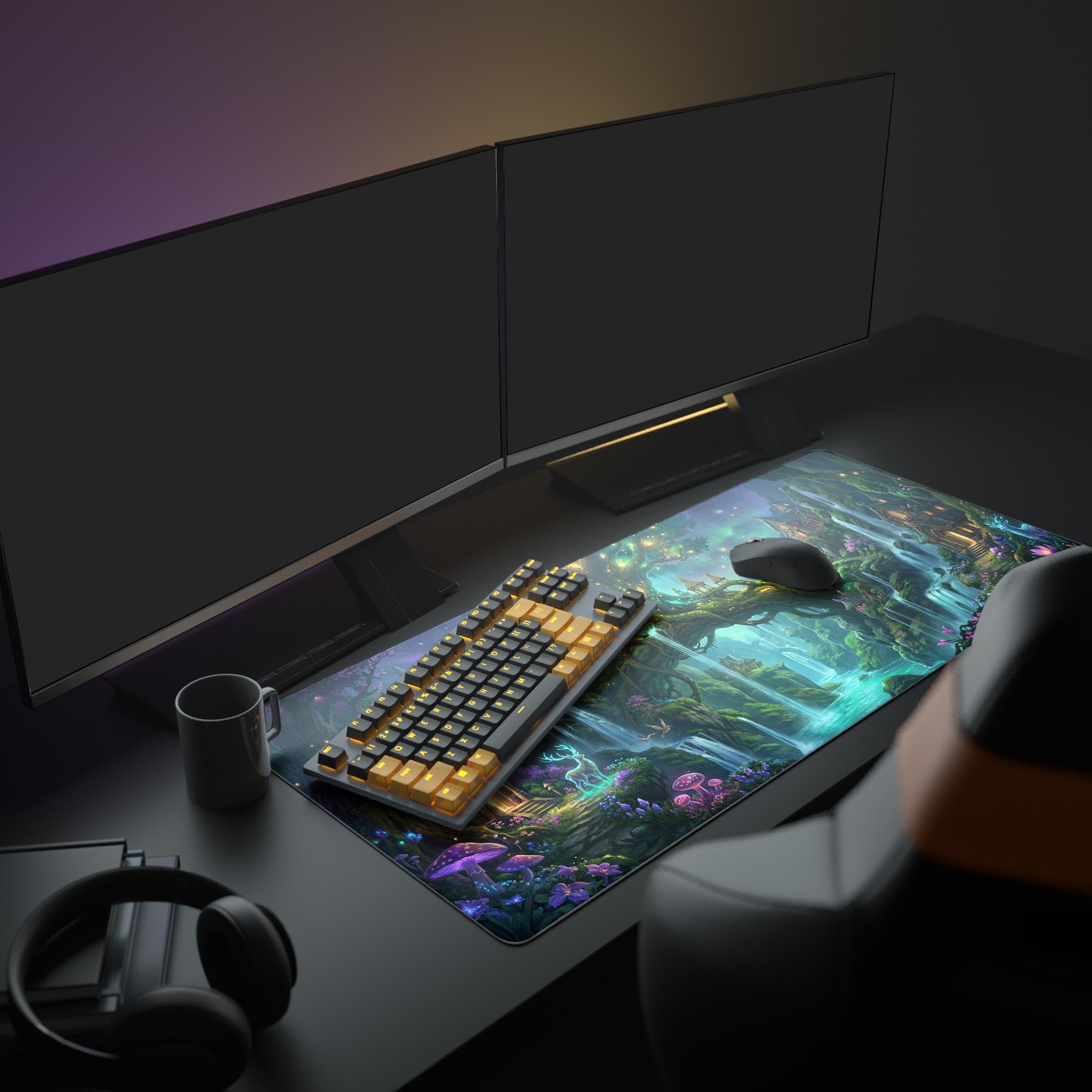 A full PC gaming setup featuring the Enchanted Sanctuary desk mat, creating a fantasy aesthetic with an illuminated keyboard and mouse. - Epic Design Pads & Mousepads