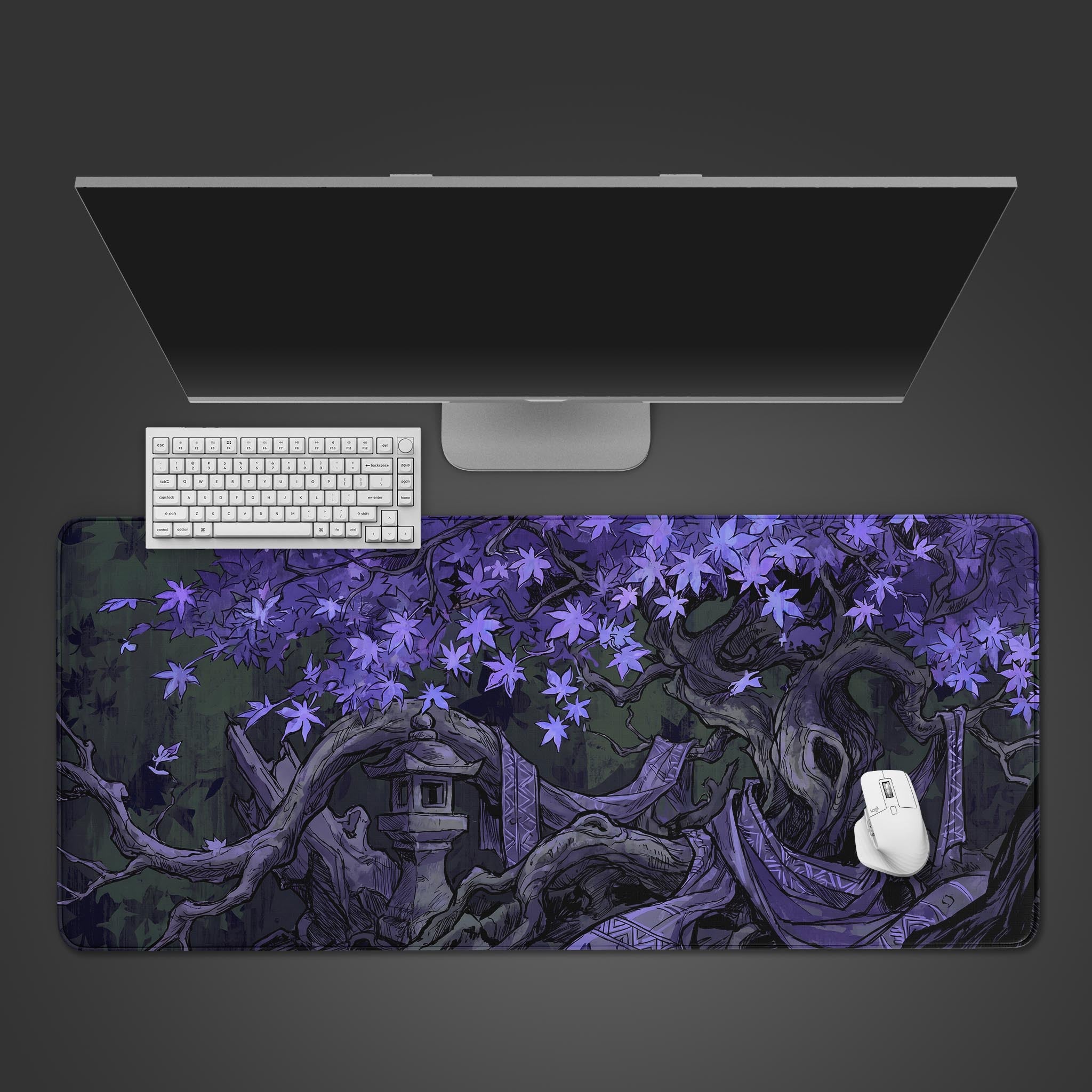 A large dark fantasy desk mat featuring an ancient gnarled tree with vibrant purple leaves and a traditional stone lantern nestled in its roots.