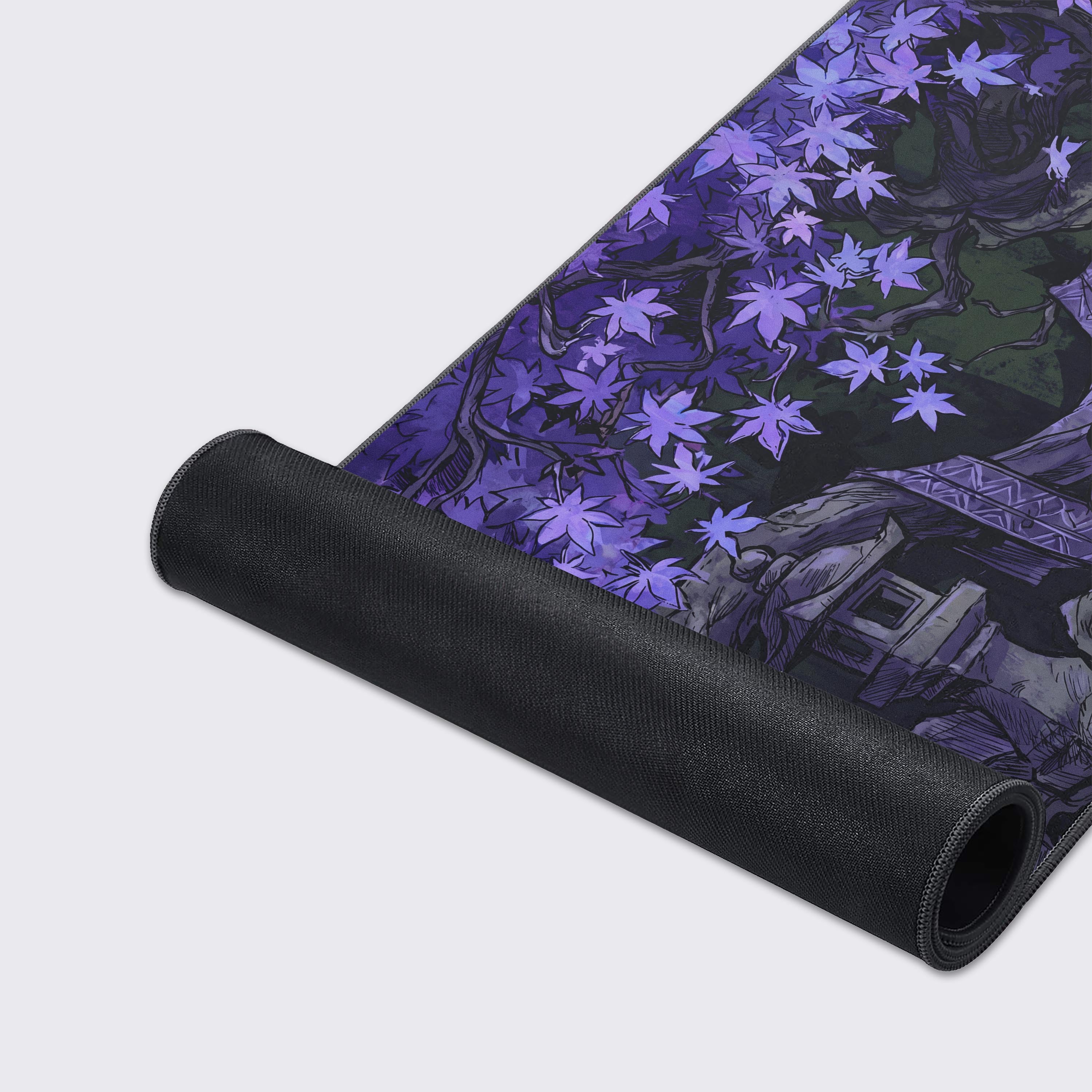 Top-down view of the purple enchanted tree gaming mousepad, highlighting its expansive super smooth surface and dark atmospheric background.
