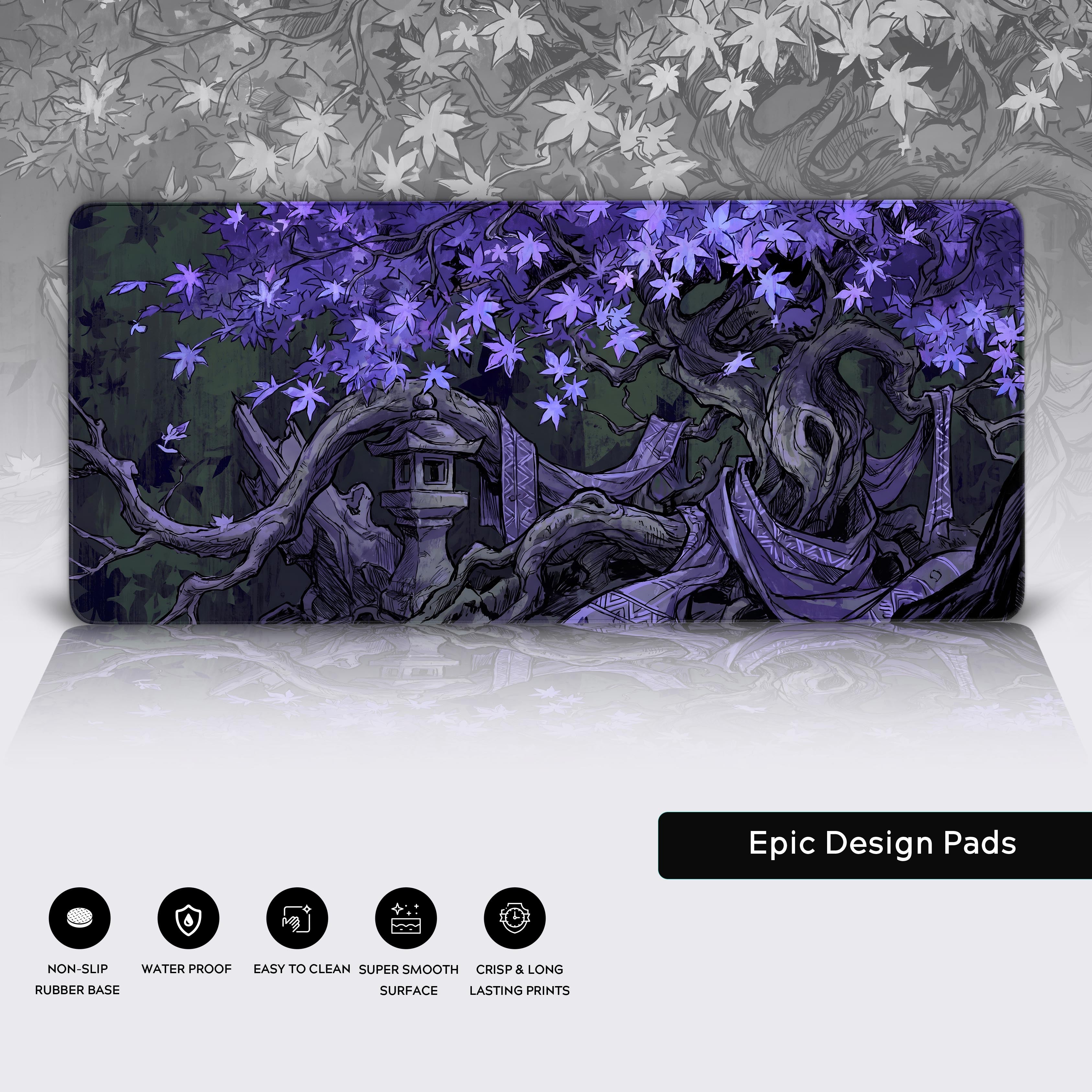 Product feature icons for the dark fantasy shrine desk mat, displaying its non-slip rubber base, waterproof design, easy-to-clean surface, and crisp, long-lasting prints.