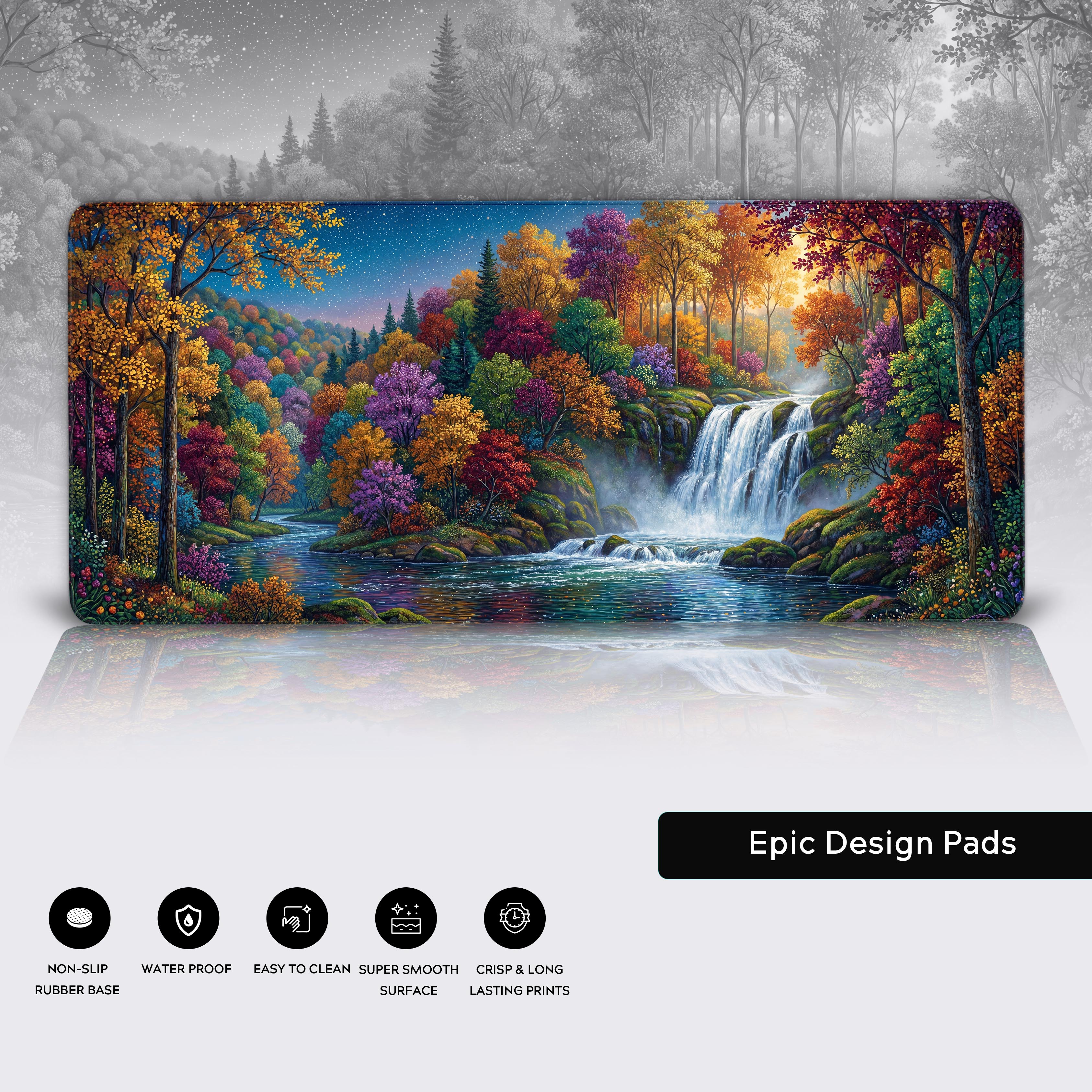 Non-slip rubber base detail on the vibrant landscape desk pad.