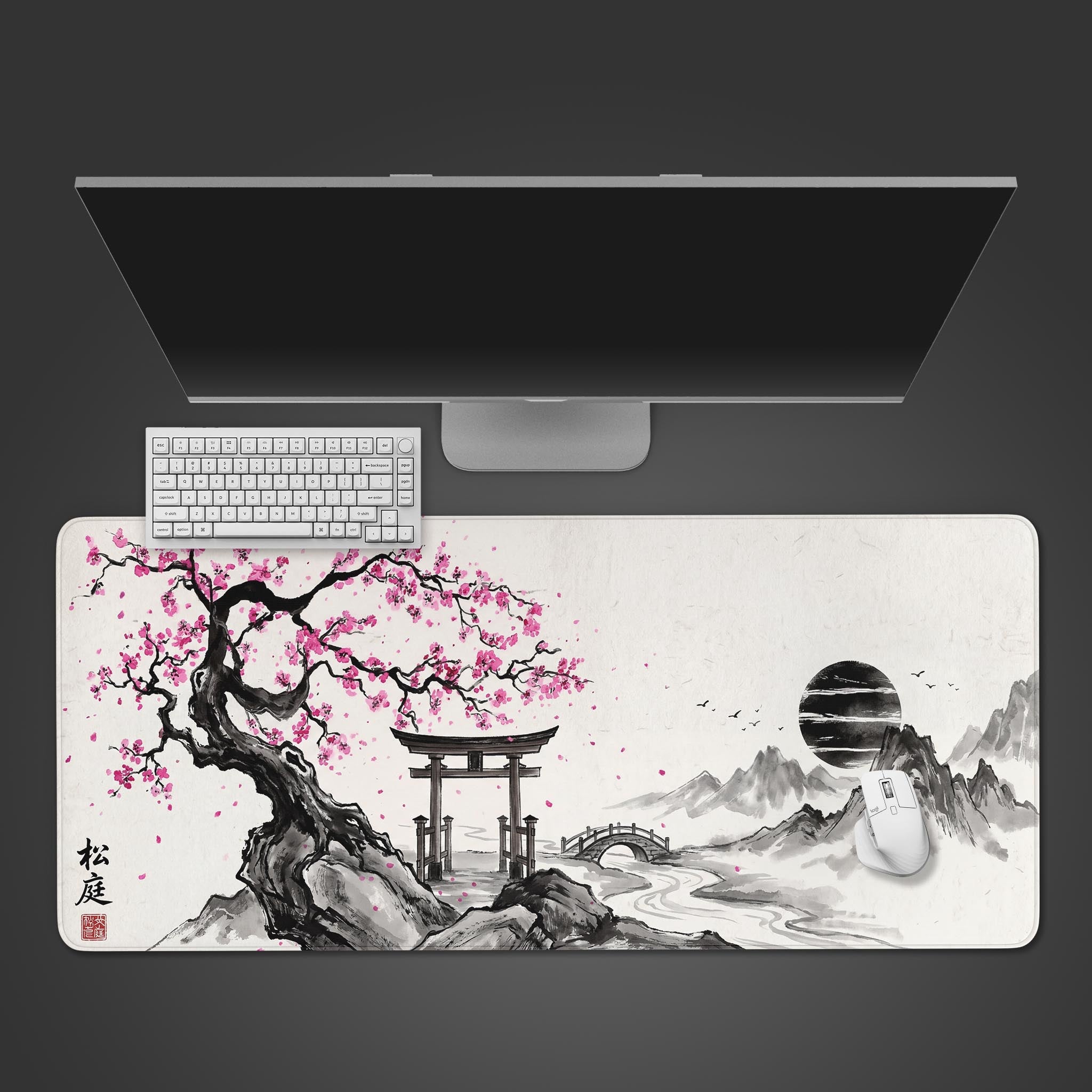 Top-down view of the Ephemeral Bloom gaming desk mat, featuring Japanese ink wash art of a cherry blossom tree and Torii gate, with a white keyboard and mouse. - Epic Design Pads & Mousepads