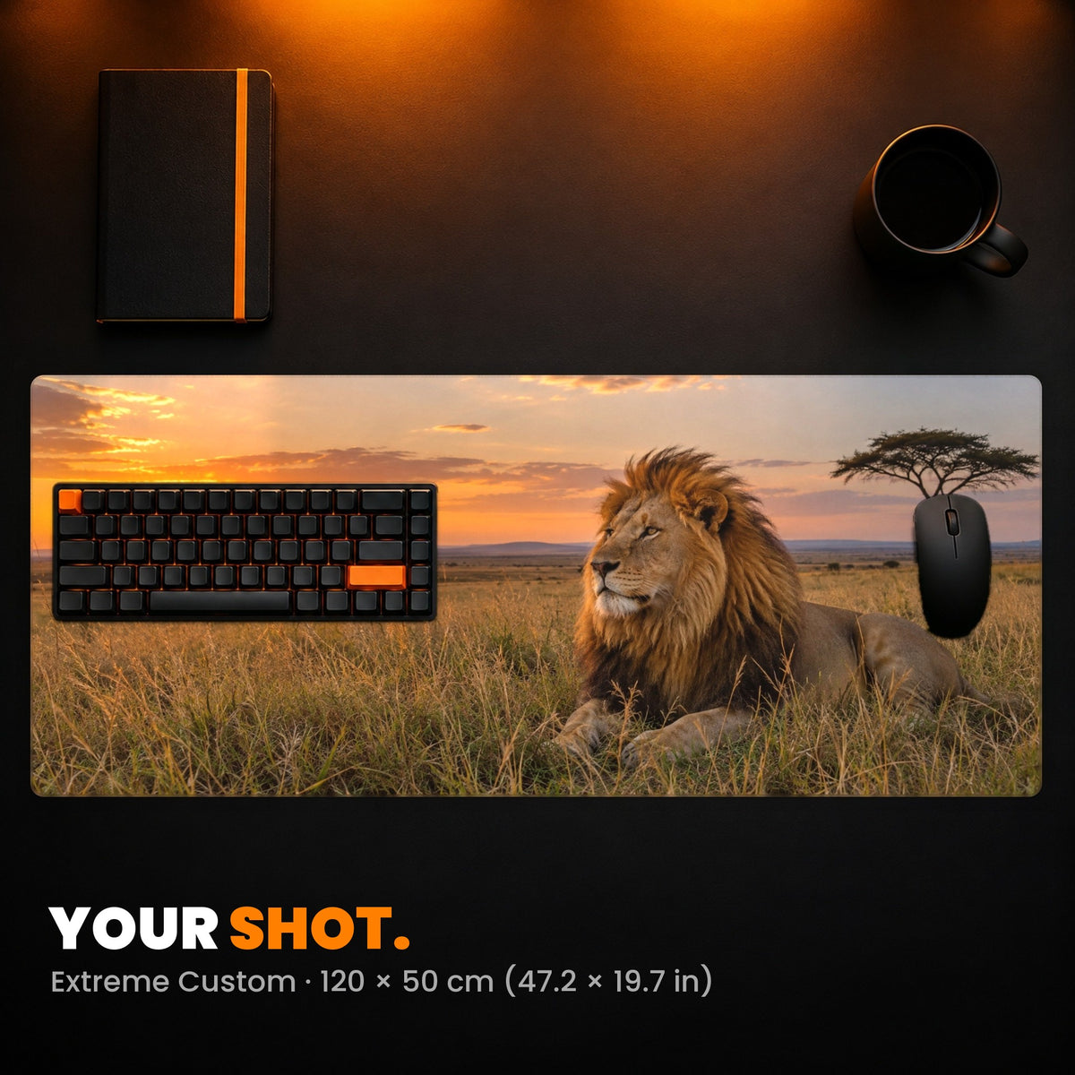 Extreme Custom Desk Pad - example: a photo of a lion on the savanna at sunset