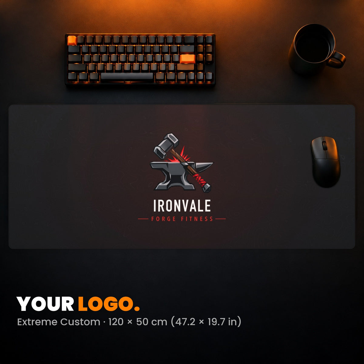 Extreme Custom Desk Pad - example: a fitness gym's logo in the middle of the pad