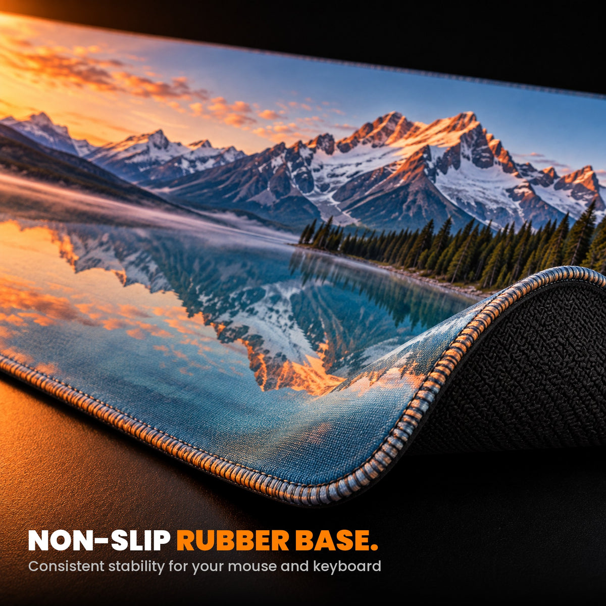 Custom desk mat close-up: a lifted corner showing the non-slip natural rubber base