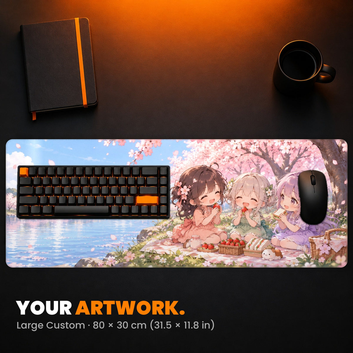 Large Custom Gaming Desk Pad - example: anime-style friends at a picnic under cherry blossoms