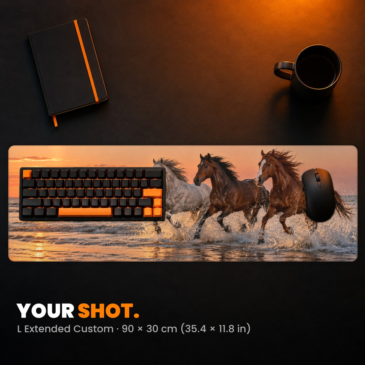 L Extended Custom Desk Pad - example: a photo of horses running on a beach at sunset