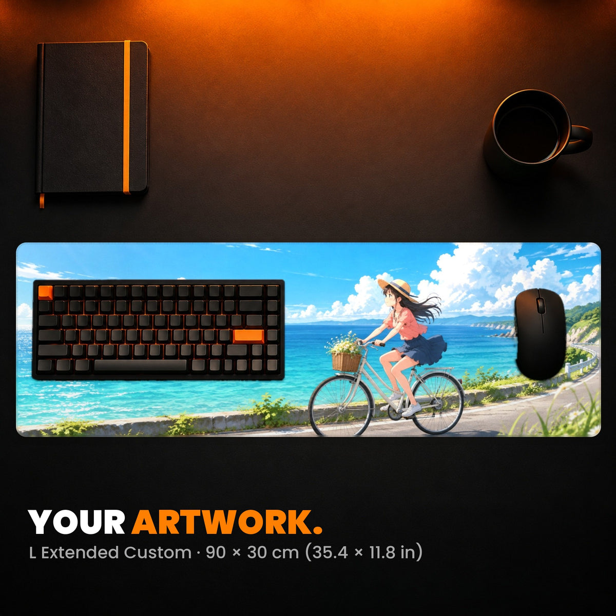 L Extended Custom Desk Pad - example: an anime-style girl cycling by the sea