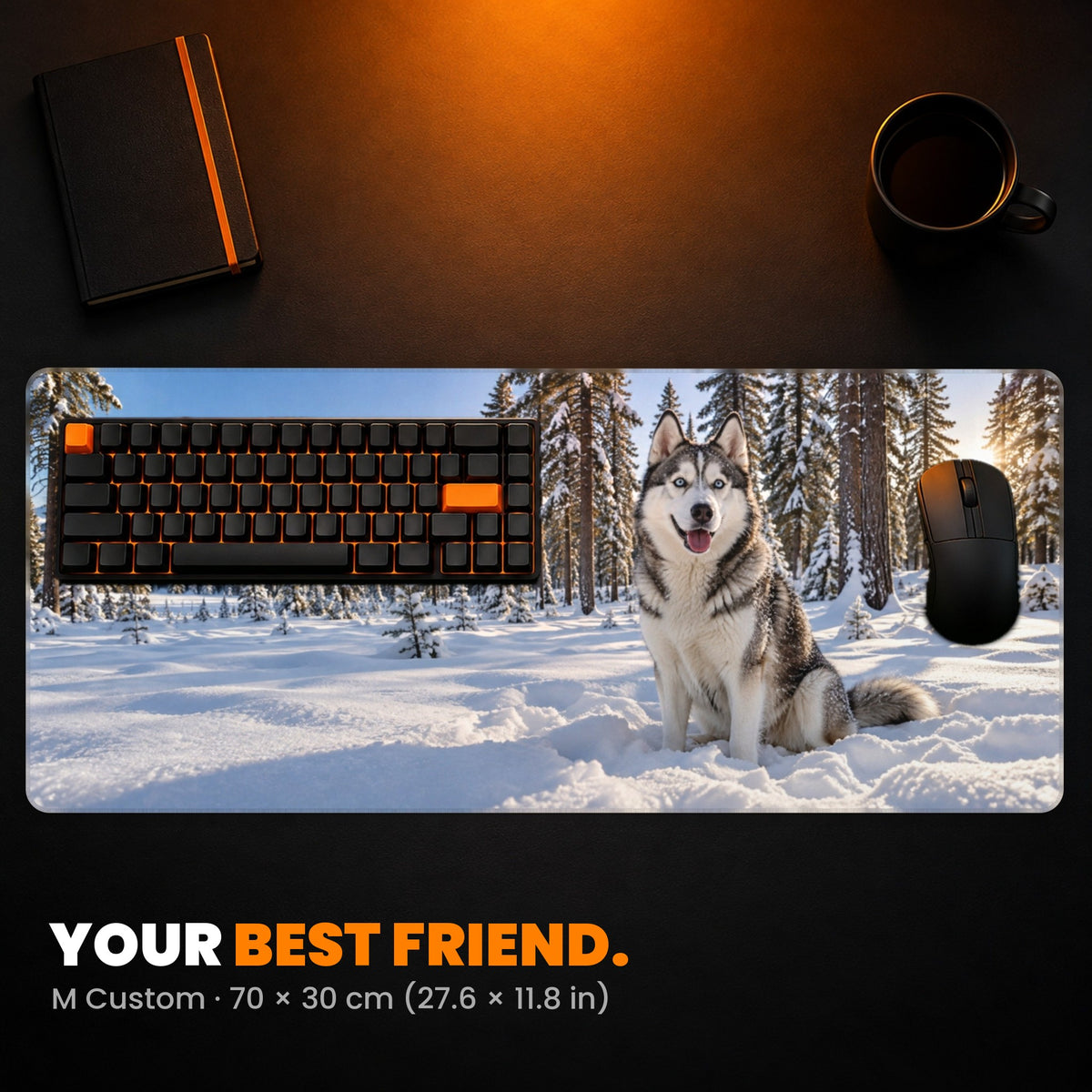 M Custom Gaming Desk Pad - example: a photo of a husky in the snow