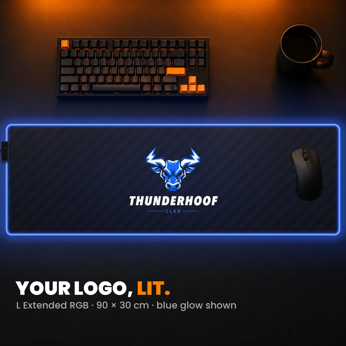 L Extended RGB Custom Desk Pad - example: edge lit blue, with a clan's bull logo in the middle