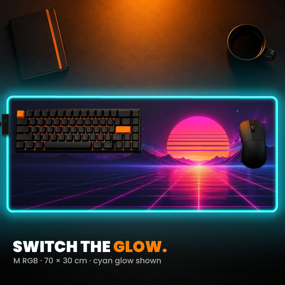 M RGB Custom Desk Pad - example: edge lit cyan, with synthwave art of a sunset over a neon grid