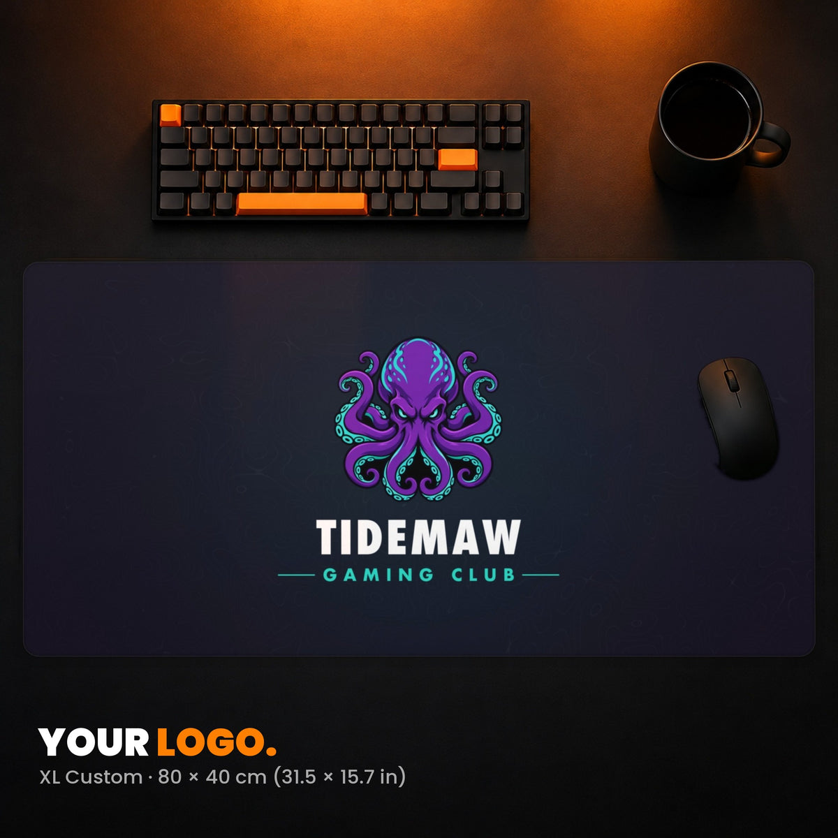 XL Custom Gaming Desk Pad - example: a gaming club's octopus logo in the middle of the pad