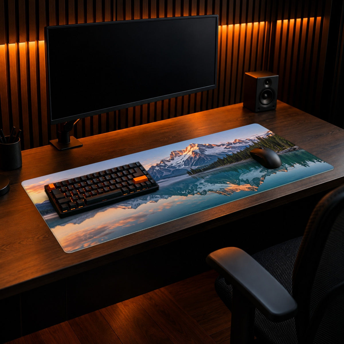 XXL Custom Gaming Desk Pad - example: a mountain lake photo, shown in a full desk setup