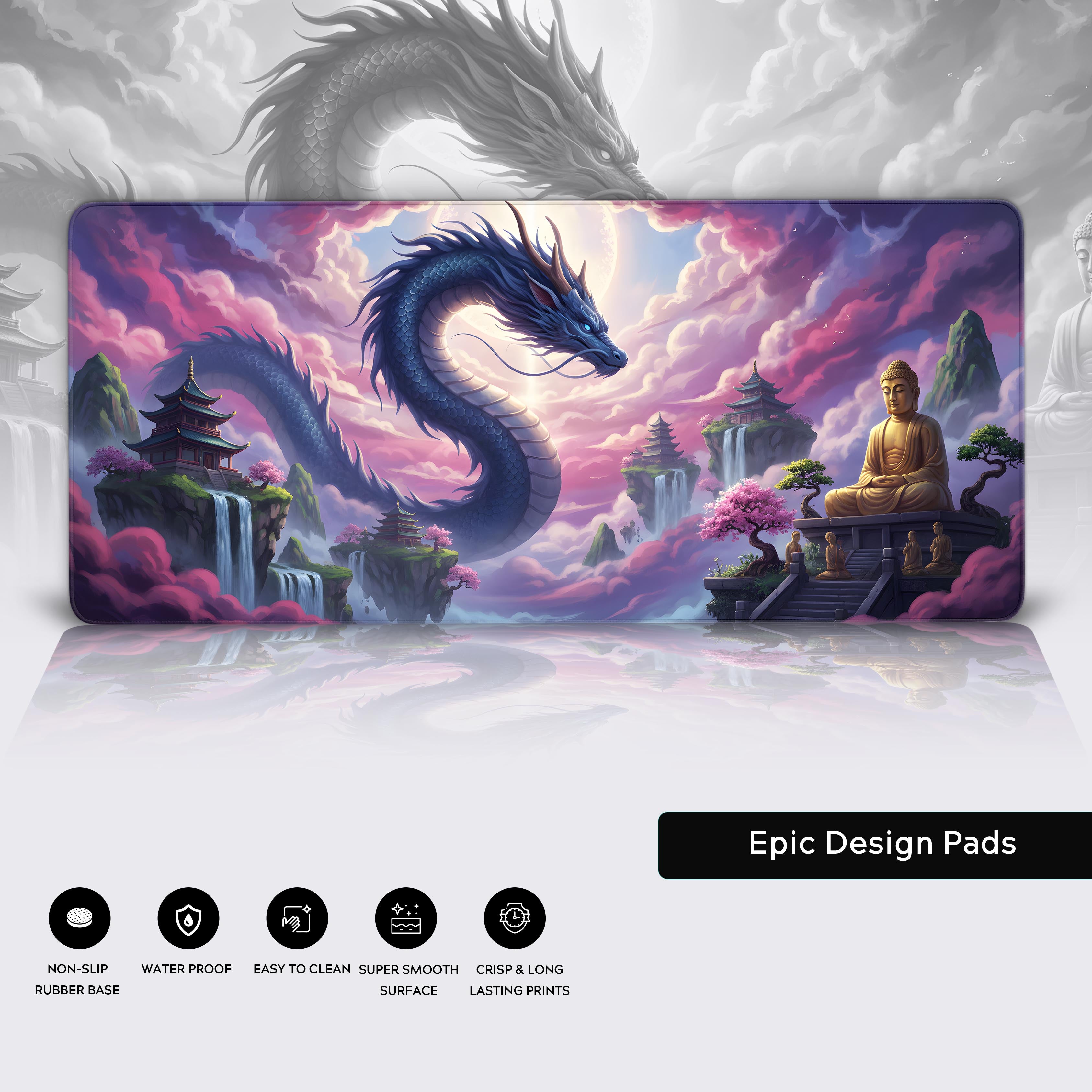 Close-up of the Nirvana's Sky desk mat highlighting its premium features like durable stitched edges, a smooth water-resistant surface, and a non-slip rubber base for stability. - Epic Design Pads & Mousepads