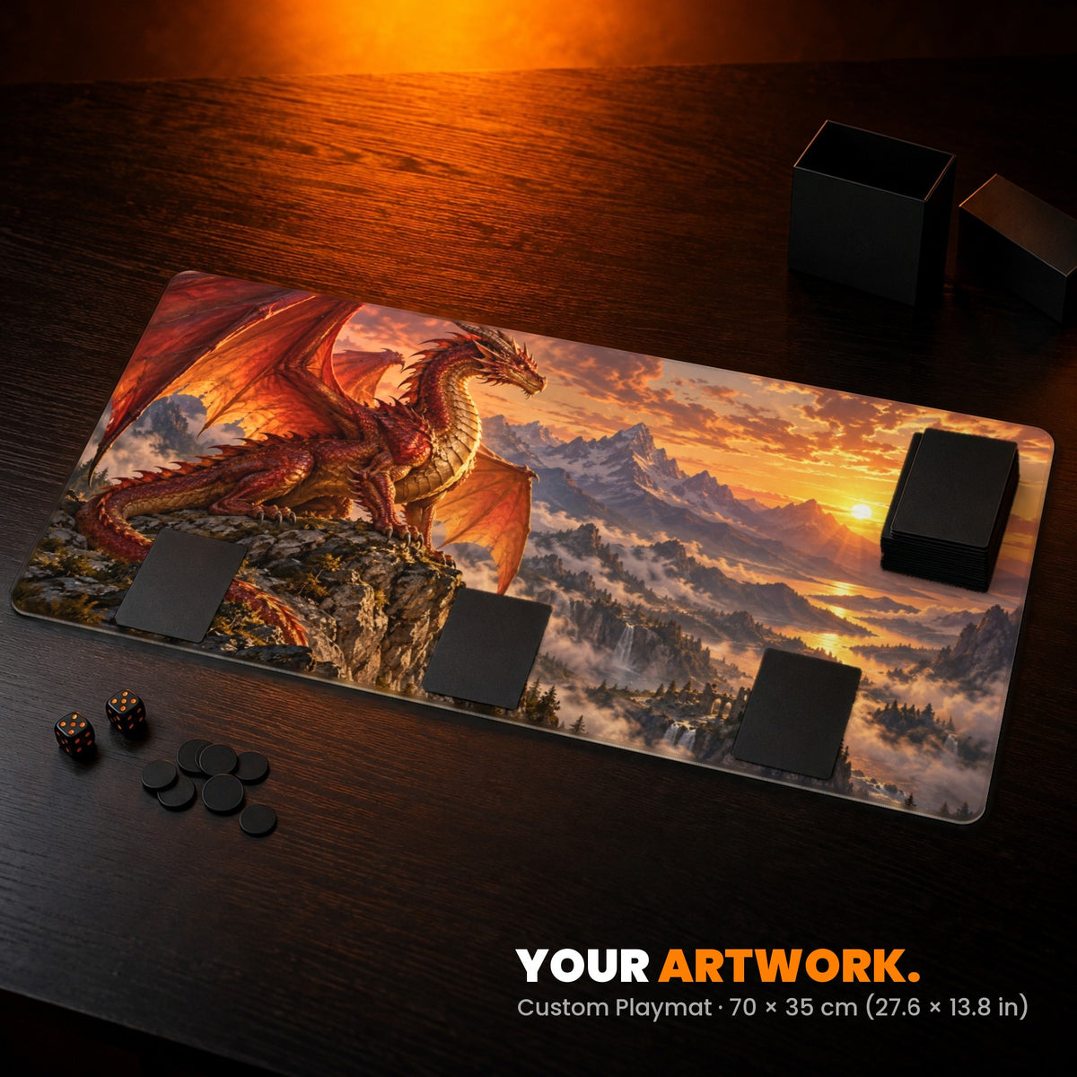 Custom Playmat 70 x 35 cm - example: an original fantasy dragon painting, on a card table