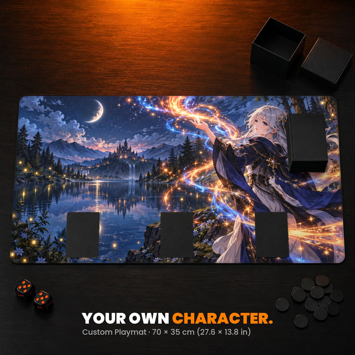 Custom Playmat 70 x 35 cm - example: original anime-style character art, on a card table