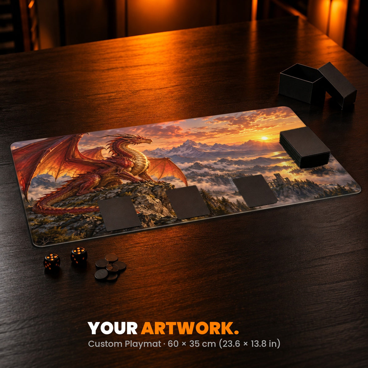 Custom Playmat 60 x 35 cm - example: an original fantasy dragon painting, on a card table