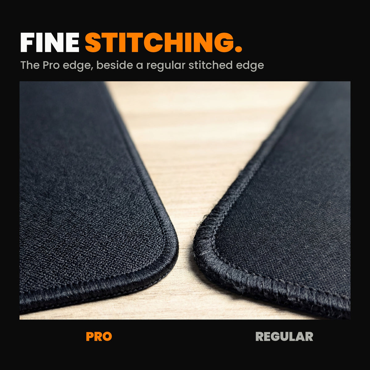 Pro Custom Gaming Mouse Pad fine stitched edge beside a regular stitched edge