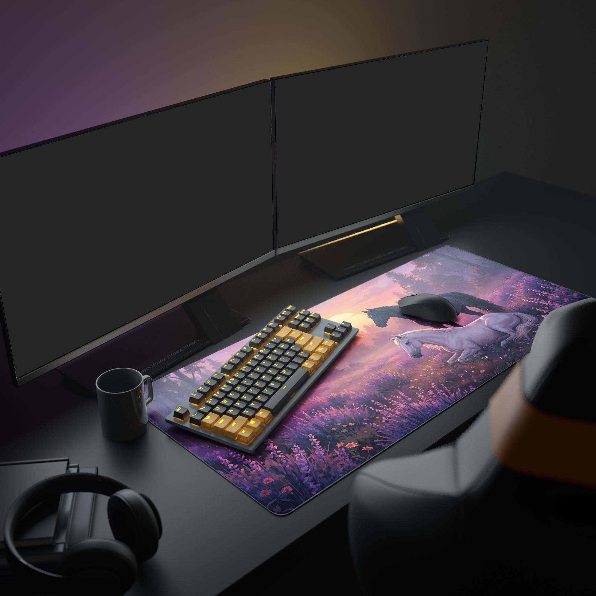 A full desk setup showcasing the Equine Harmony fantasy horse mouse pad under a monitor, with a keyboard and mouse, creating a serene and aesthetic workspace. - Epic Design Pads & Mousepads