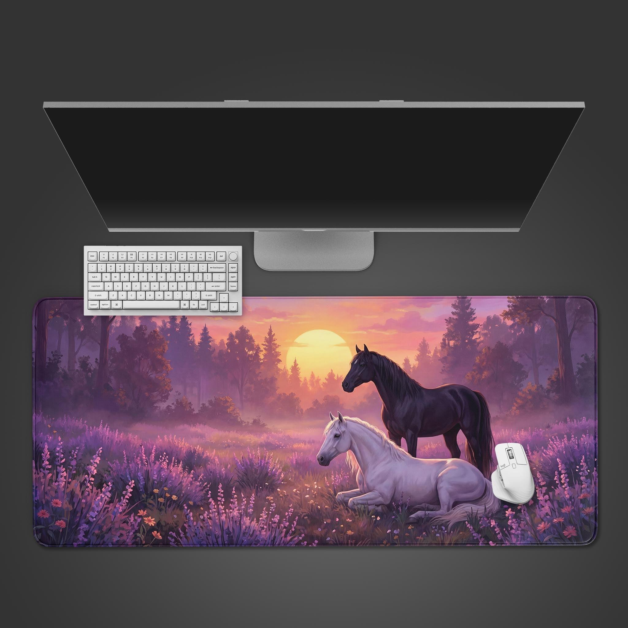 Top-down view of the Equine Harmony gaming desk mat featuring two horses in a lavender field, shown with a white keyboard and mouse on a dark background. - Epic Design Pads & Mousepads