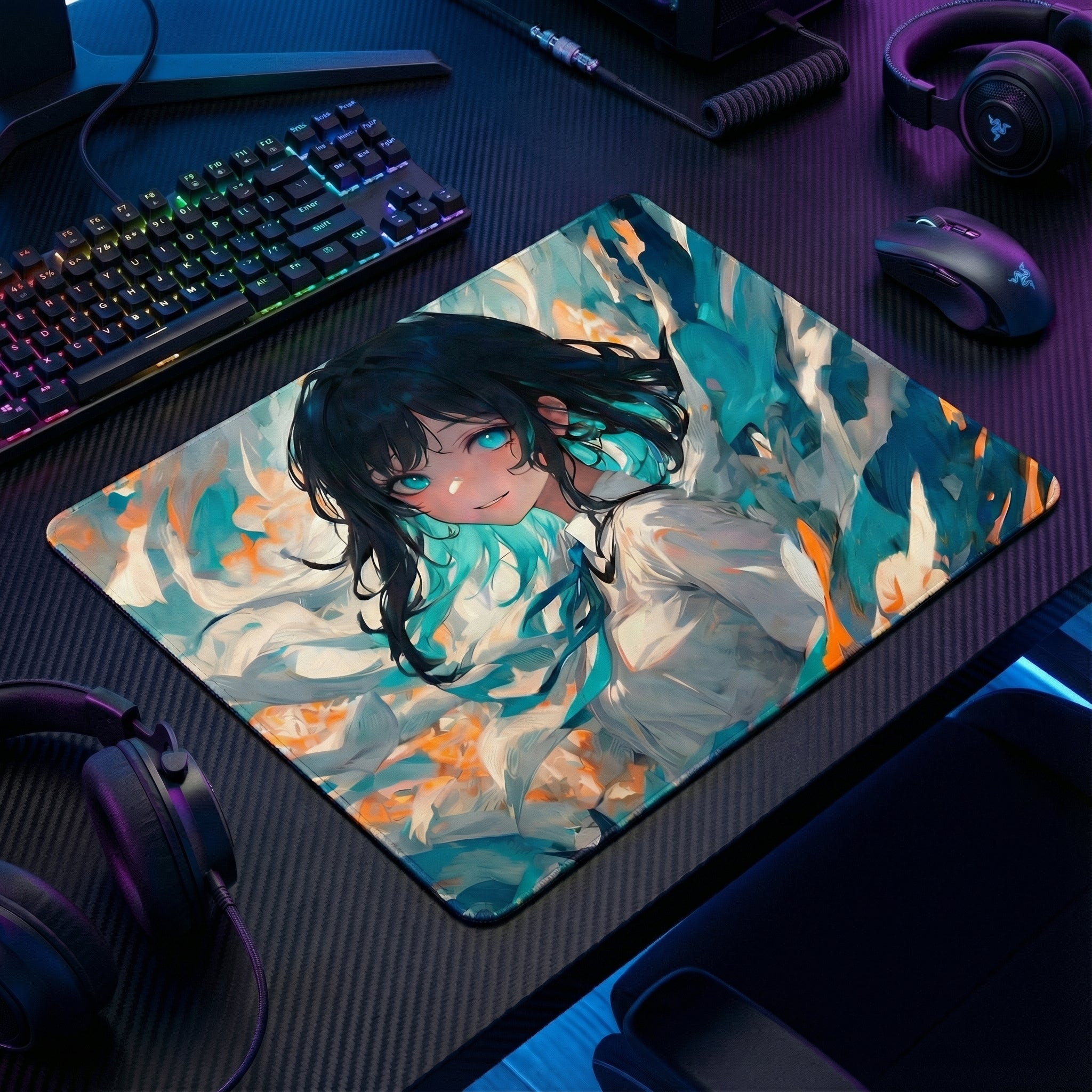 Top-down view of the Pro Custom Gaming Mouse Pad on a desk with a gaming keyboard and mouse, showcasing its large 490x420mm size.