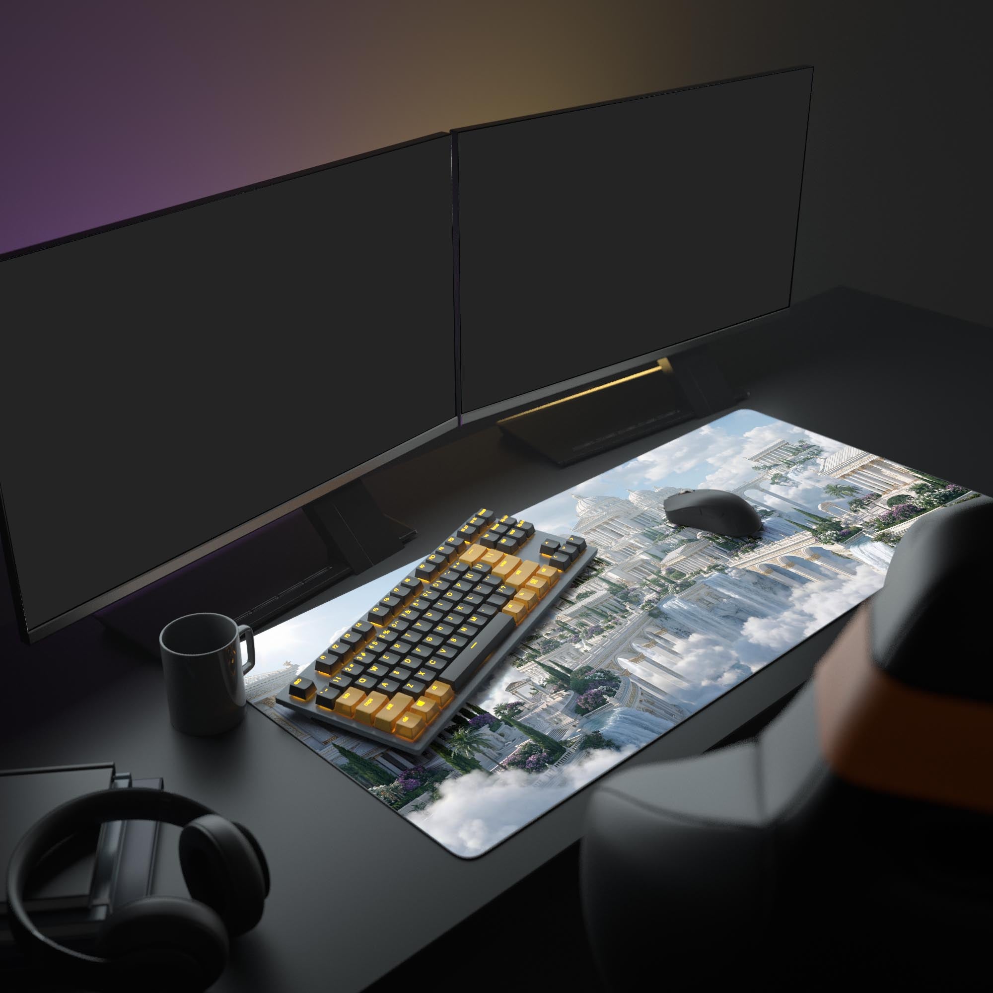 A complete PC setup featuring the Eternal Meridian Peak mouse pad, with dual monitors, a glowing keyboard, and a mouse, creating an epic fantasy workspace. - Epic Design Pads & Mousepads