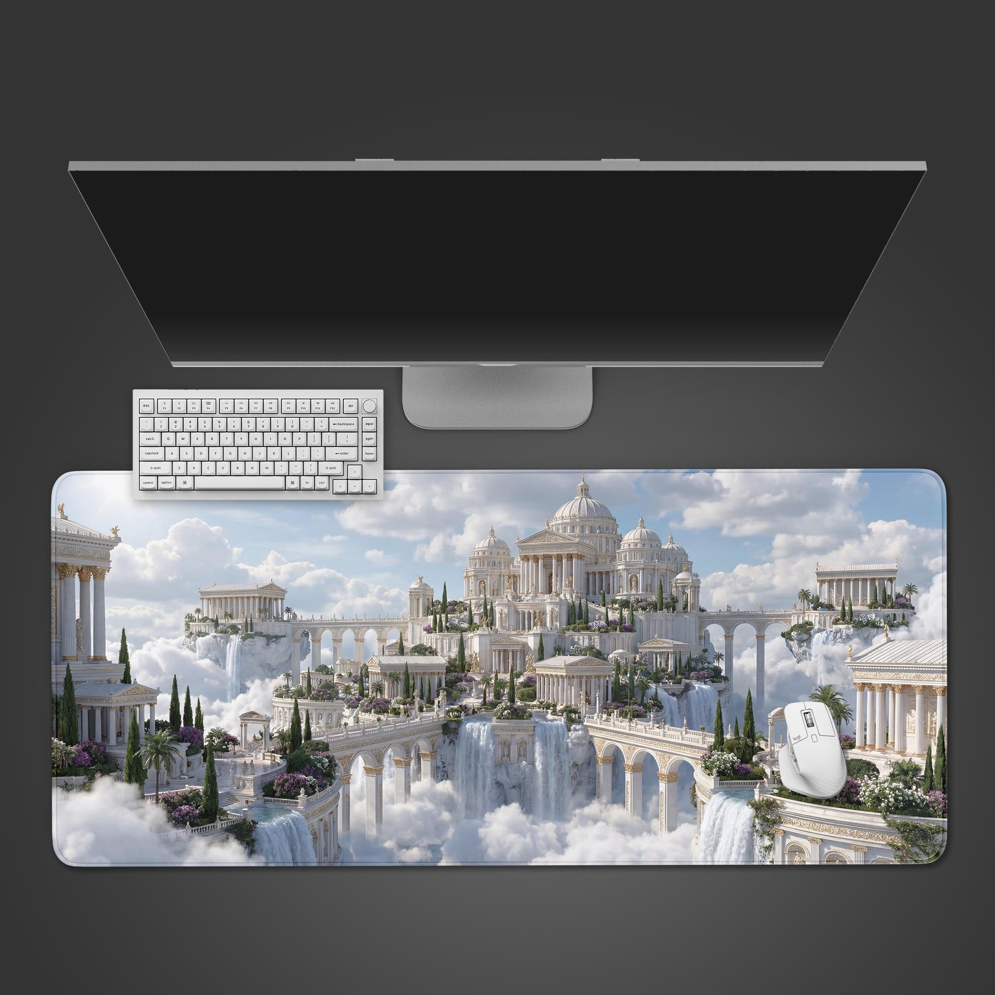 The Eternal Meridian Peak gaming desk mat displayed from a top-down view with a white keyboard and mouse, showcasing the fantasy city in the clouds design. - Epic Design Pads & Mousepads