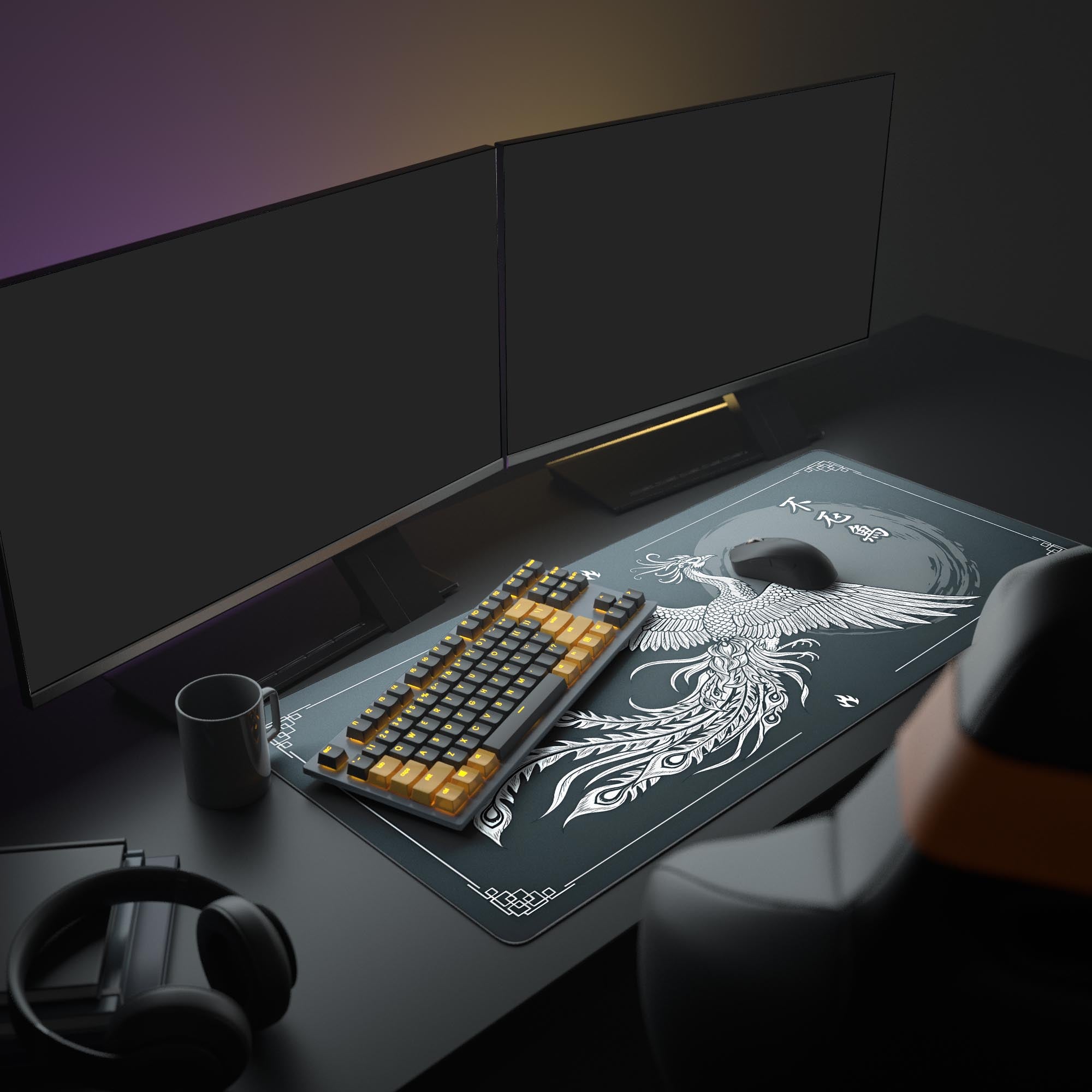 Large Eternal Phoenix desk mat shown in a gaming setup with dual monitors, mechanical keyboard, and headphones, creating a mythical aesthetic. - Epic Design Pads