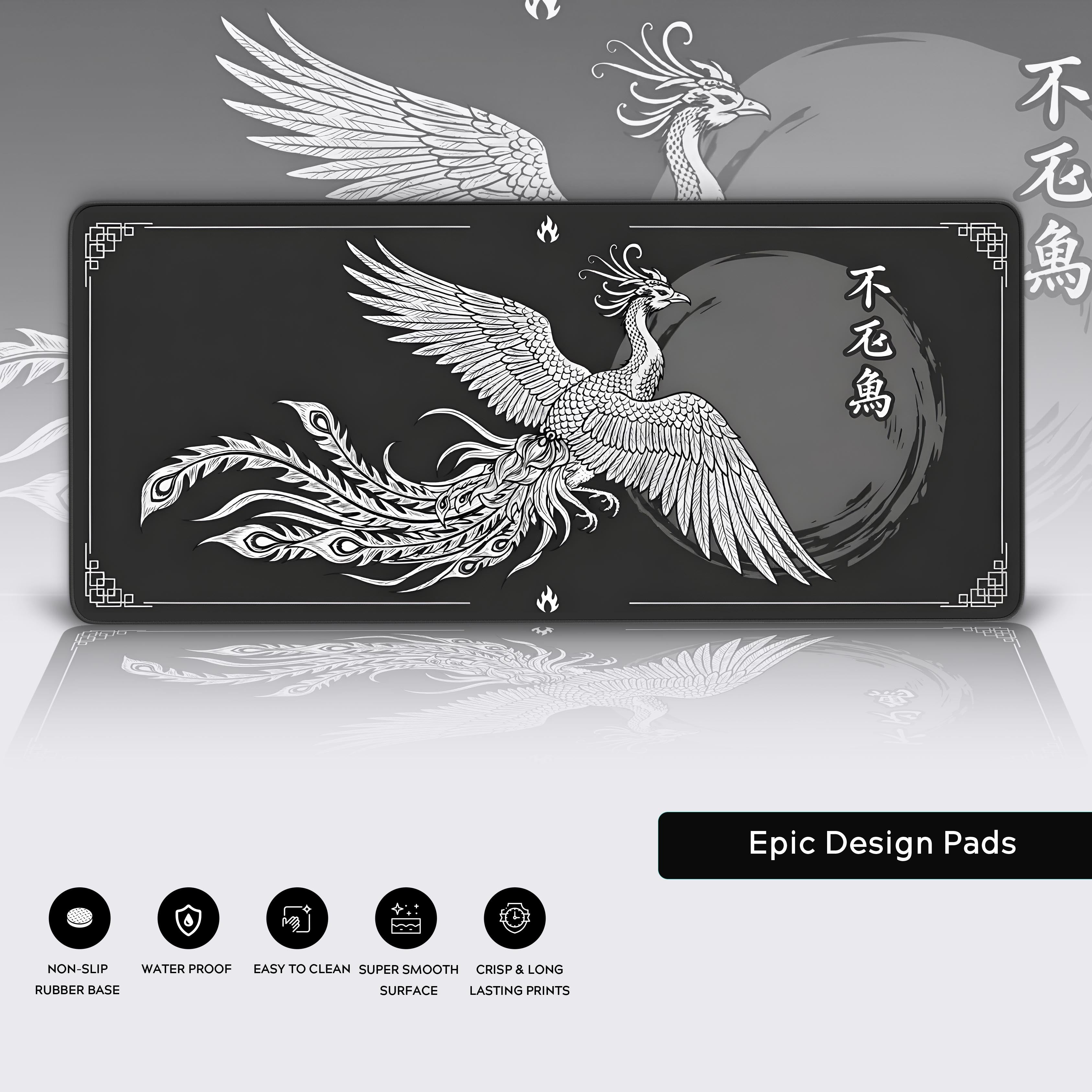 Close-up of the Eternal Phoenix desk mat highlighting its premium stitched edges, non-slip rubber base, and detailed monochrome phoenix print. - Epic Design Pads