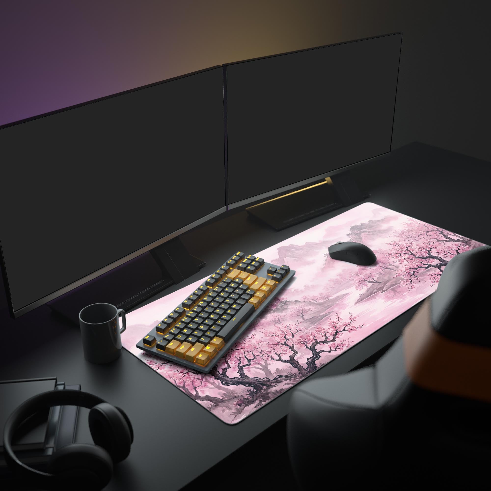 A serene PC setup featuring the pink Japanese art gaming desk mat, complemented by multiple monitors and aesthetic gaming peripherals. - Epic Design Pads & Mousepads