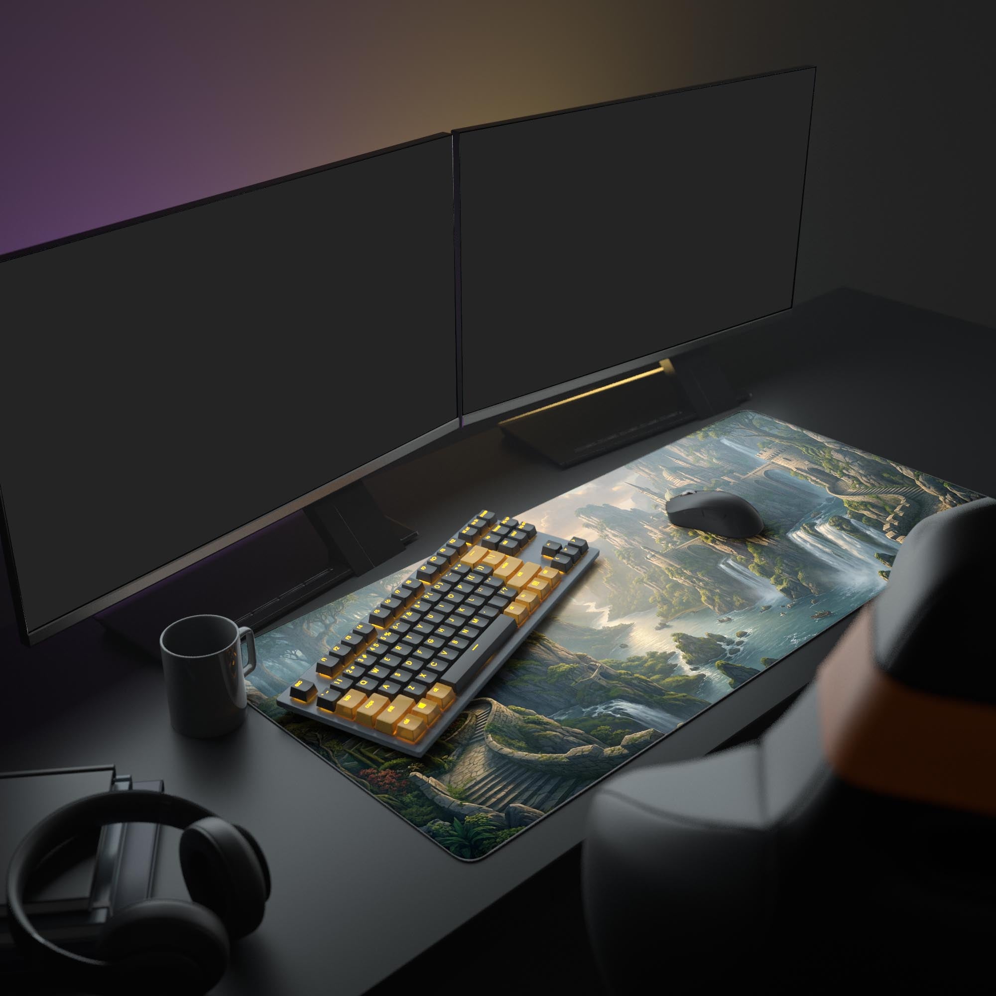A full PC gaming setup featuring the Ethereal Ascent mouse pad. The fantasy castle design complements the glowing keyboard, mouse, and large monitors for an immersive experience. - Epic Design Pads & Mousepads