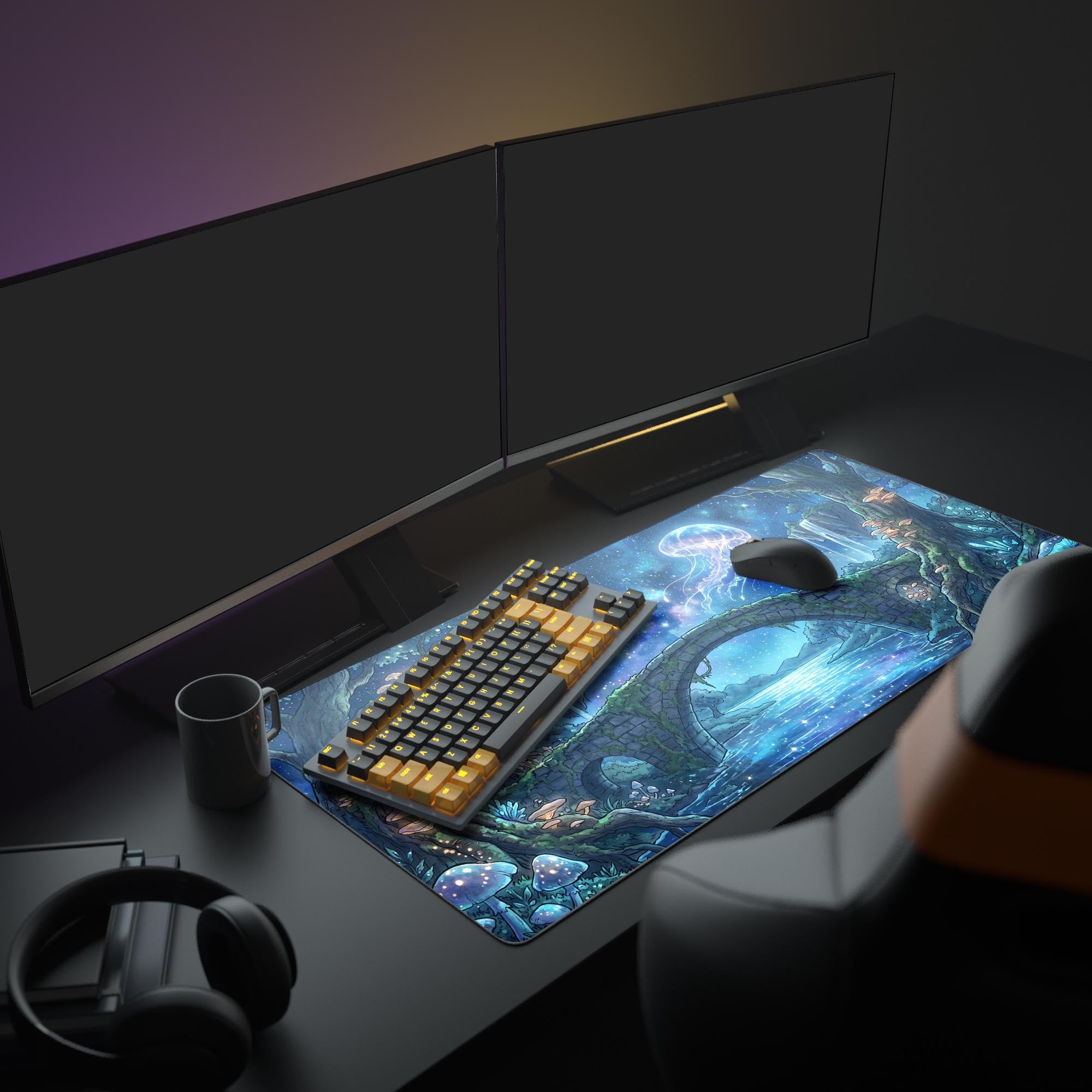 Magical stone bridge over a glowing river mouse pad with luminous mushrooms and ancient trees