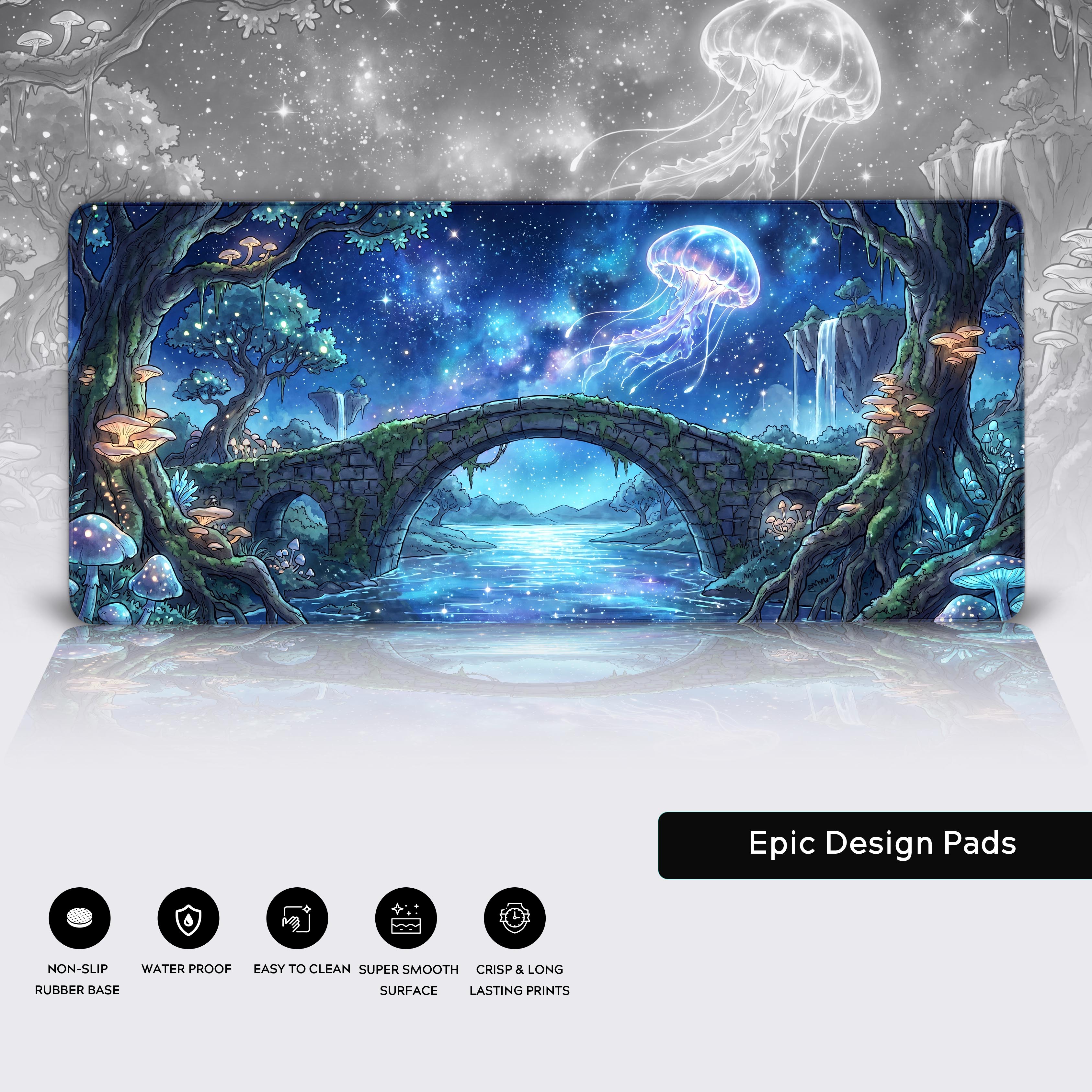 Ethereal blue fantasy landscape desk pad highlighting waterproof, non-slip, and smooth surface features