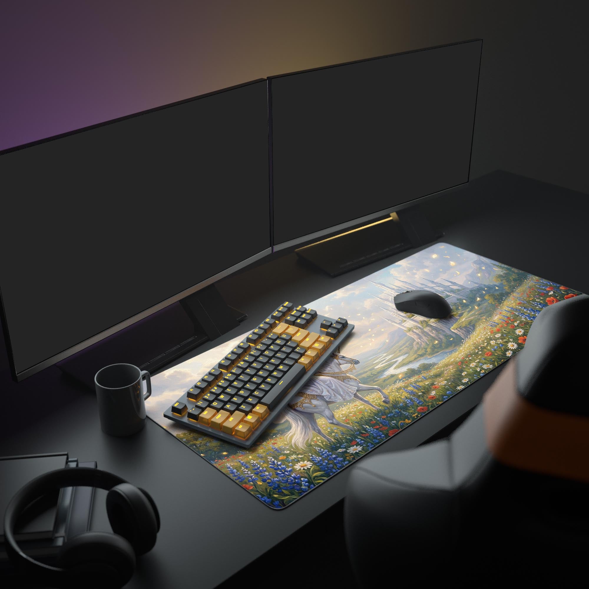 A fantasy-themed PC setup showcasing the Ethereal Kingdom XL mouse pad. The unicorn and castle art complements the clean, modern gaming station. - Epic Design Pads & Mousepads