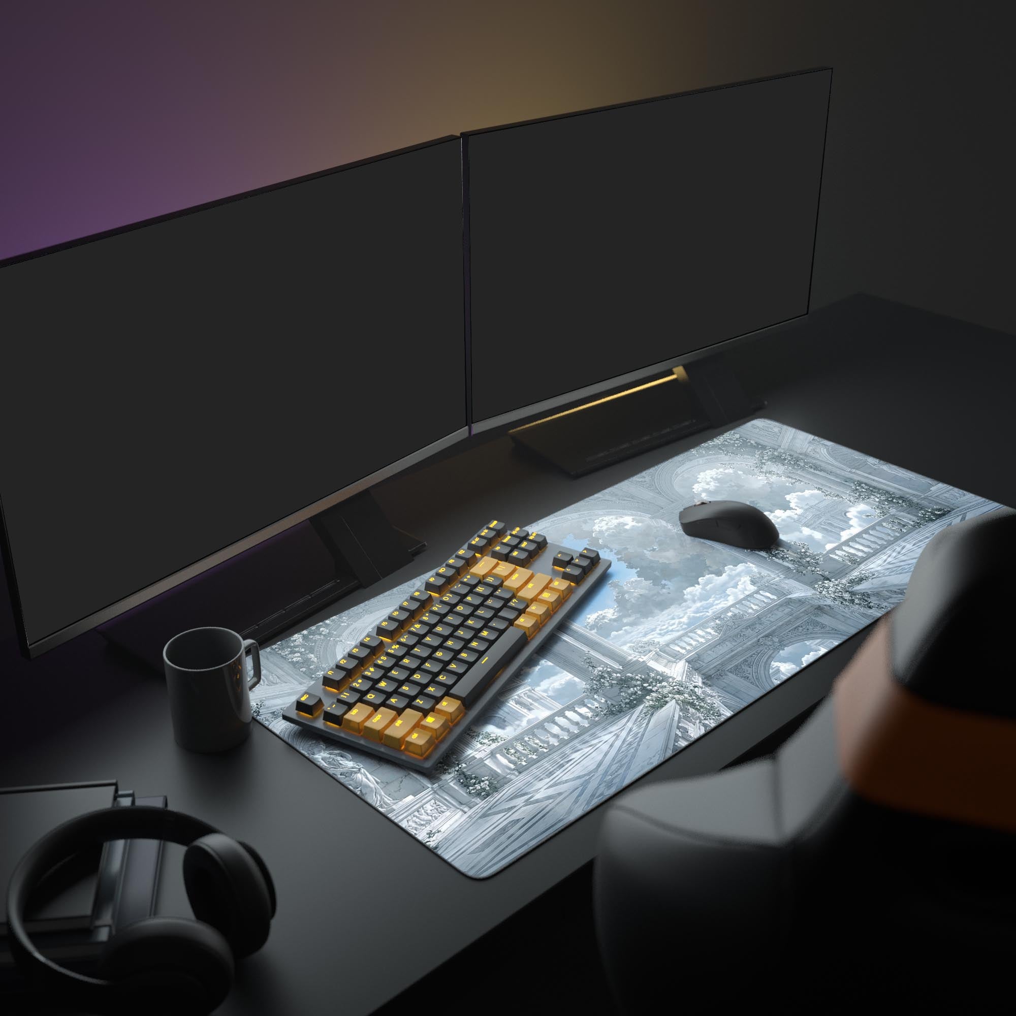 Large Ethereal Sanctum desk mat in an aesthetic desk setup with dual monitors, a mechanical keyboard, and headphones, creating a serene workspace. - Epic Design Pads & Mousepads