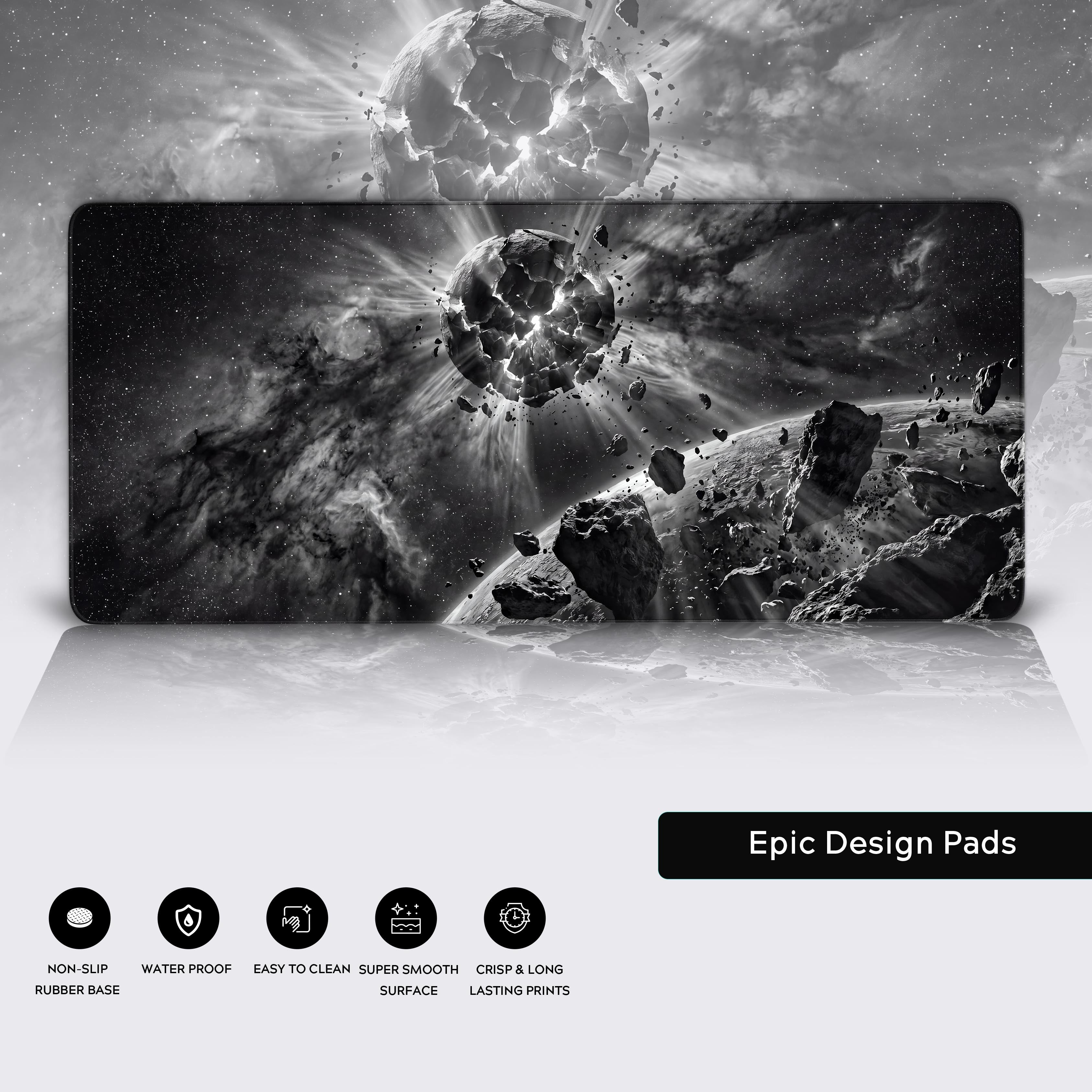 Epic space-themed desk mat layout showcasing the non-slip rubber base for dream gaming setups.