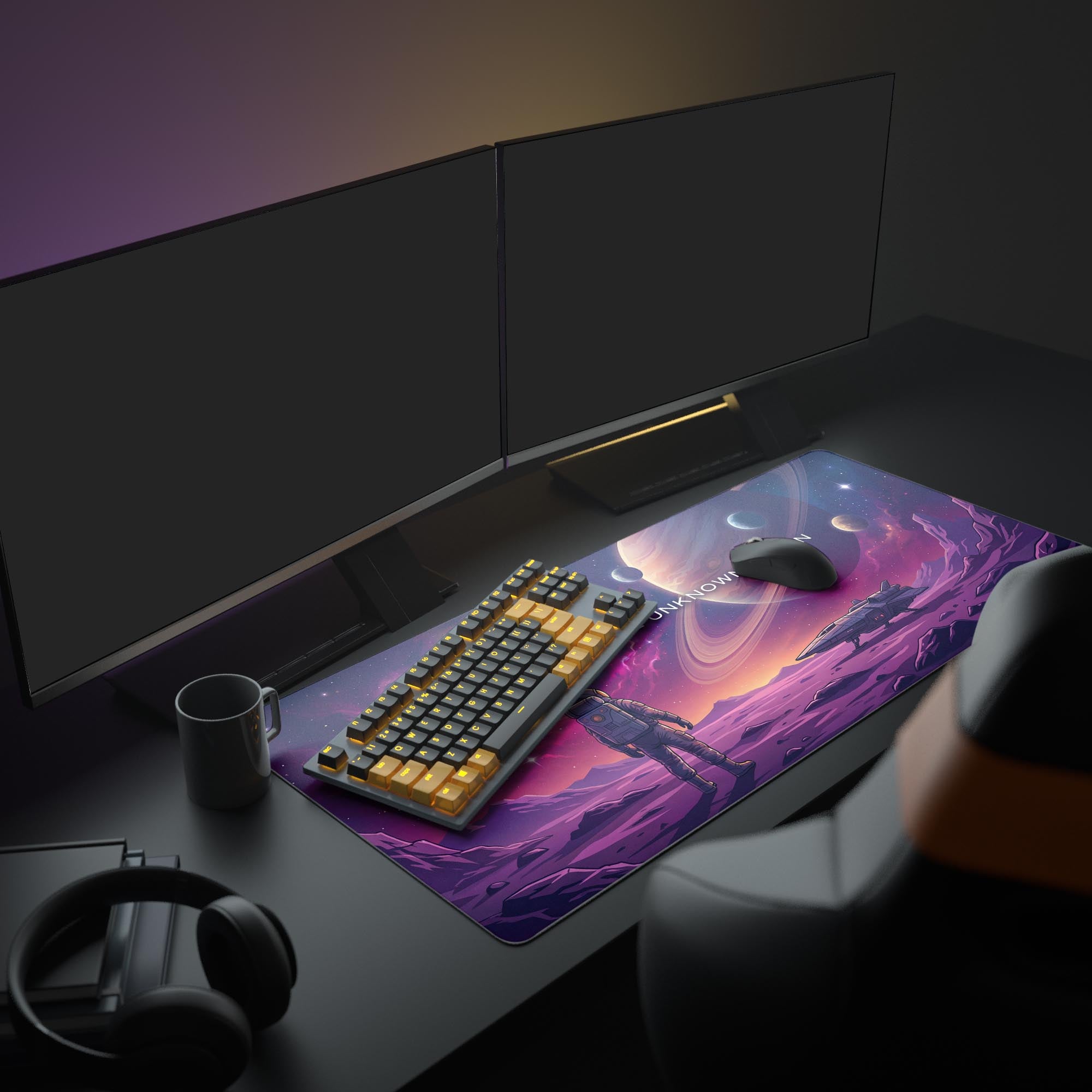 A full PC setup featuring the purple cosmic astronaut gaming desk mat, anchoring a glowing keyboard and multiple monitors for an immersive workspace aesthetic. - Epic Design Pads & Mousepads