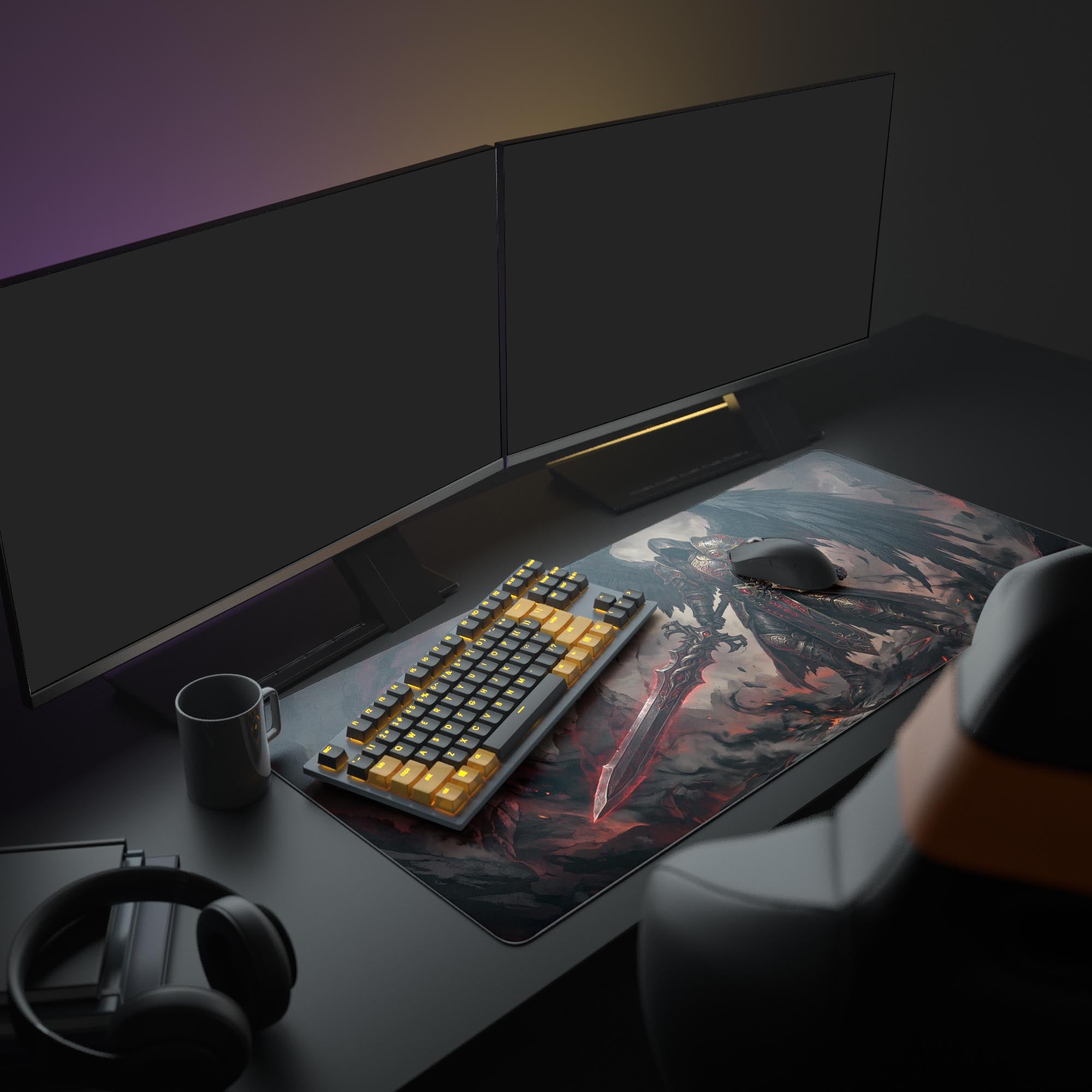 The Fallen Angel XL mouse pad elevates a full gaming setup, creating a dark fantasy aesthetic with its depiction of a winged knight and glowing sword. - Epic Design Pads & Mousepads