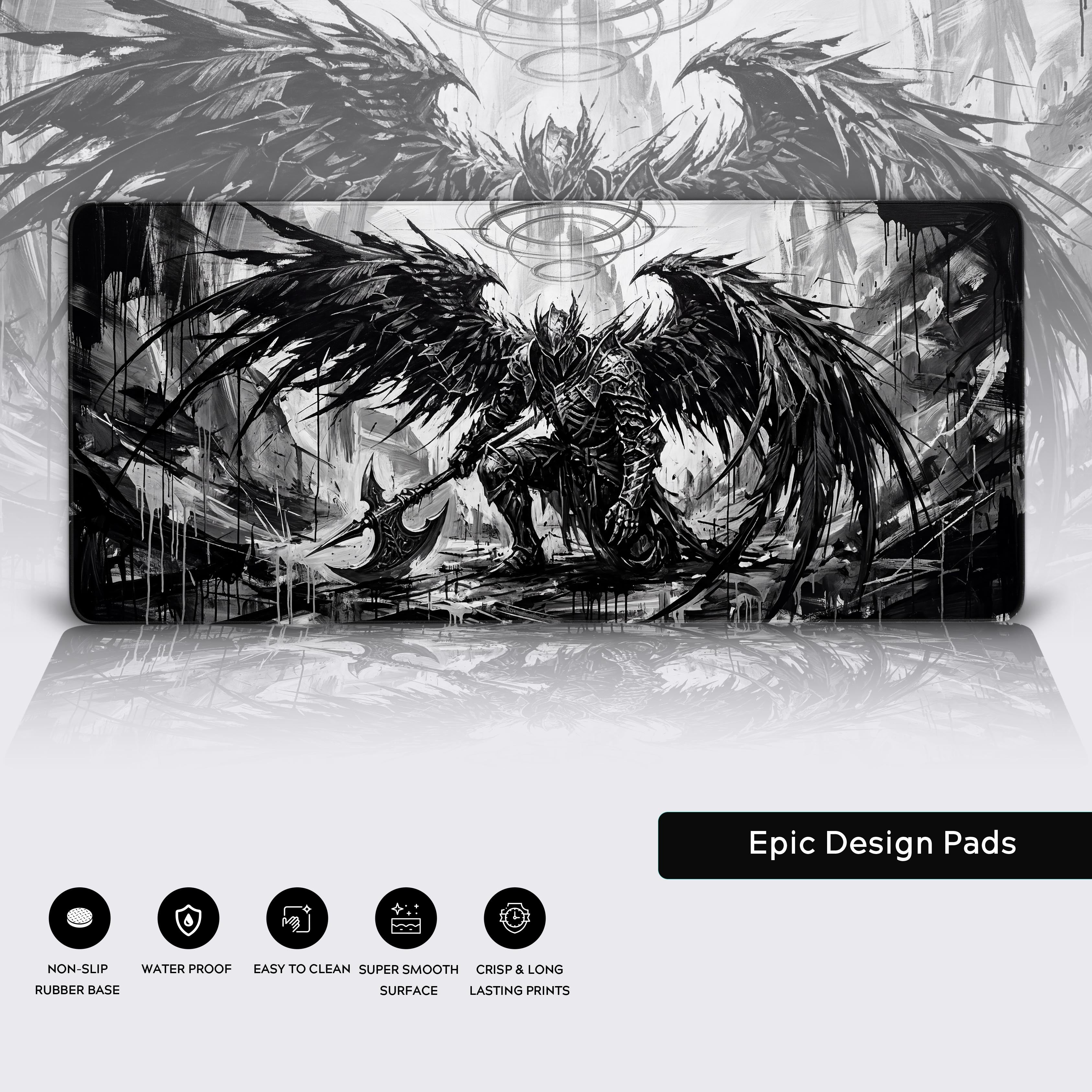 Fallen Archangel desk mat highlighting premium features like waterproof surface, anti-slip base, and crisp print quality.