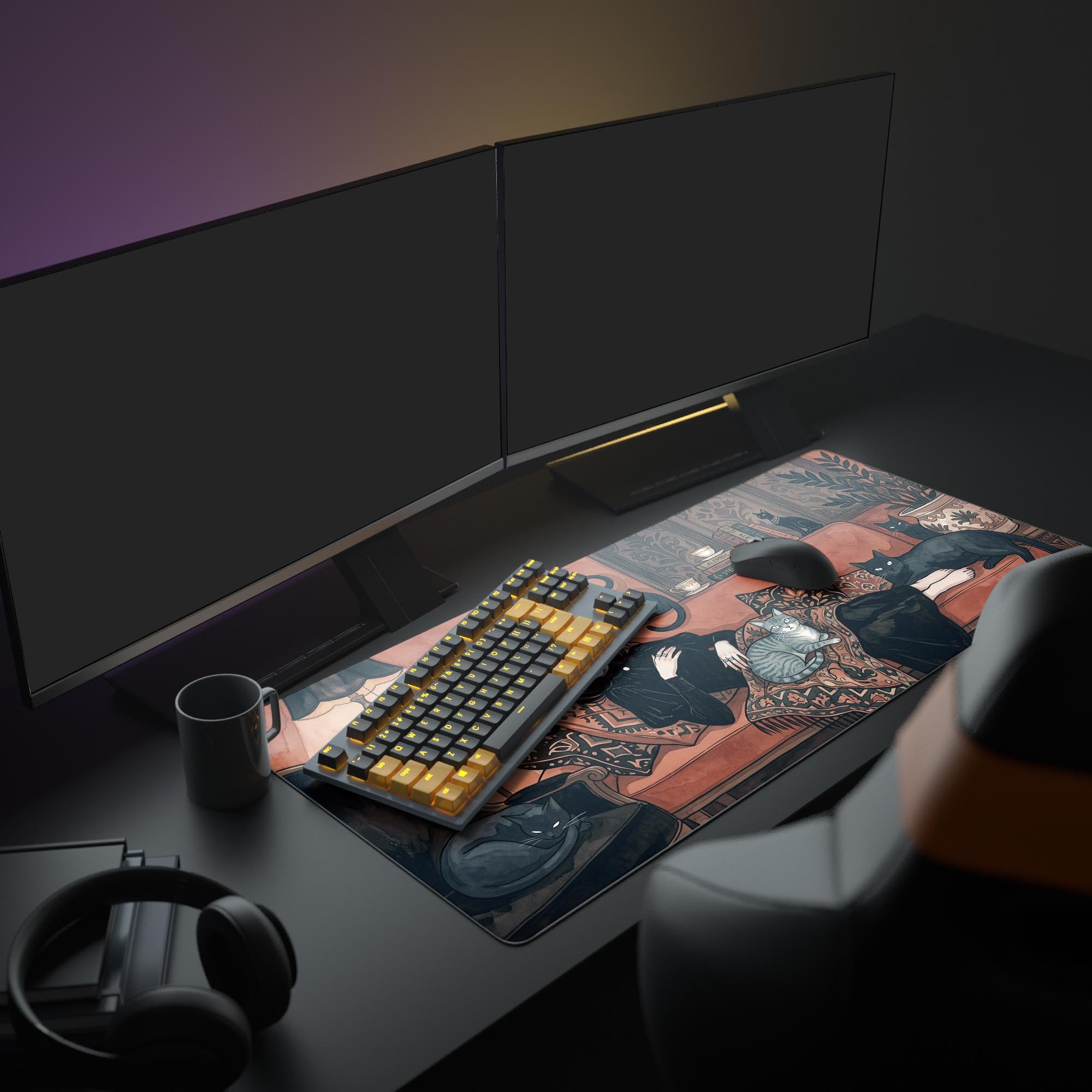 A full PC setup featuring the 'Familiar Rest' Dark Academia mouse pad, creating a warm and witchy atmosphere with ambient lighting and desk accessories. - Epic Design Pads & Mousepads